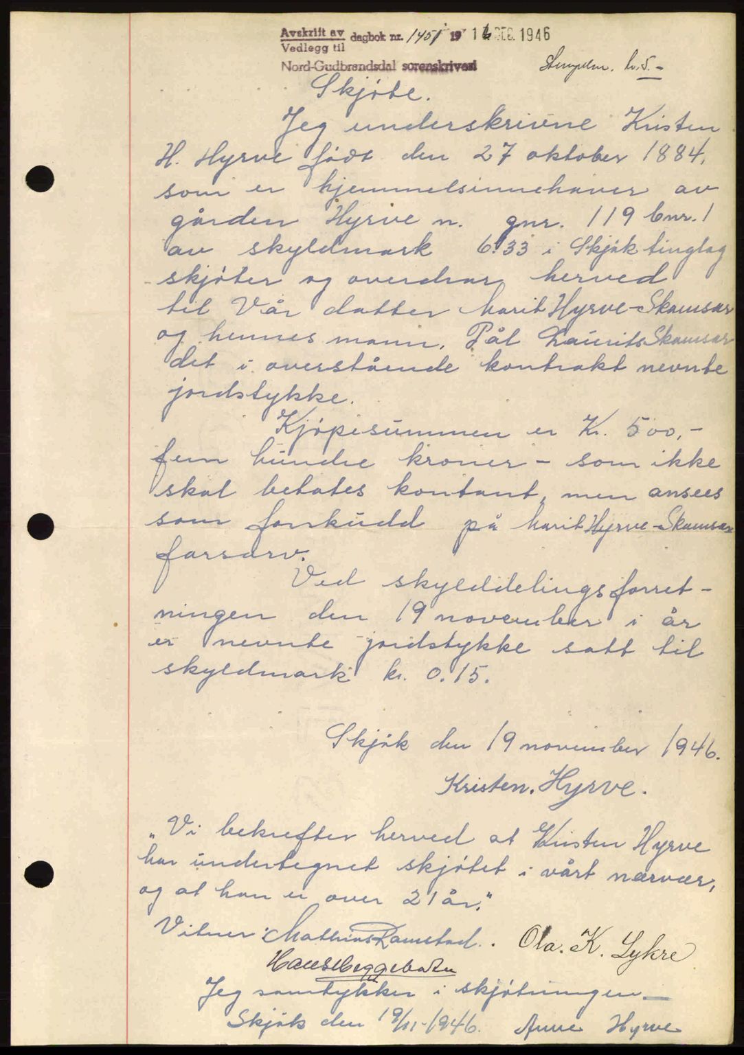Nord-Gudbrandsdal tingrett, AV/SAH-TING-002/H/Hb/Hbb/L0016: Mortgage book no. FA16, 1946-1947, Diary no: : 1451/1946