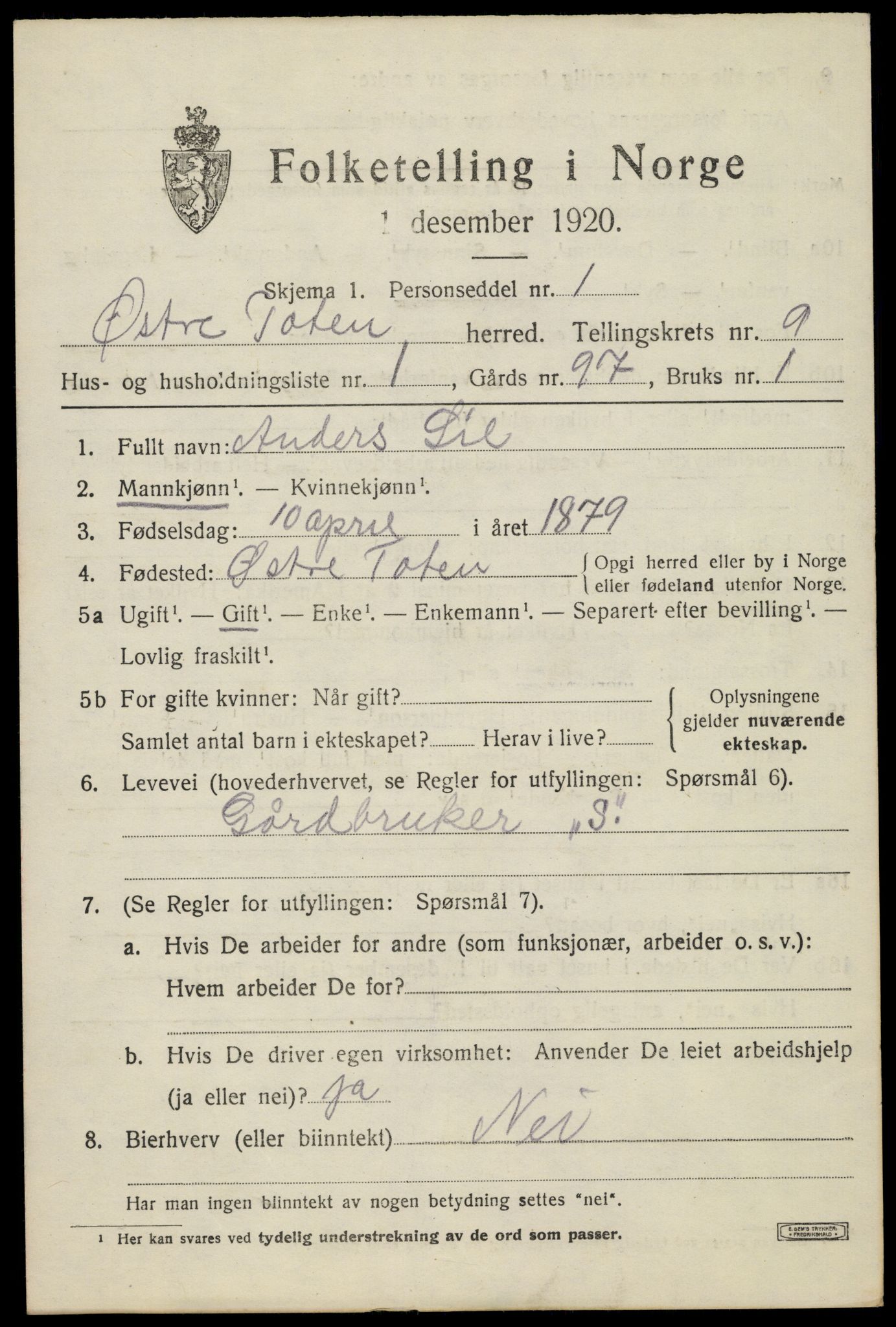 SAH, 1920 census for Østre Toten, 1920, p. 18138