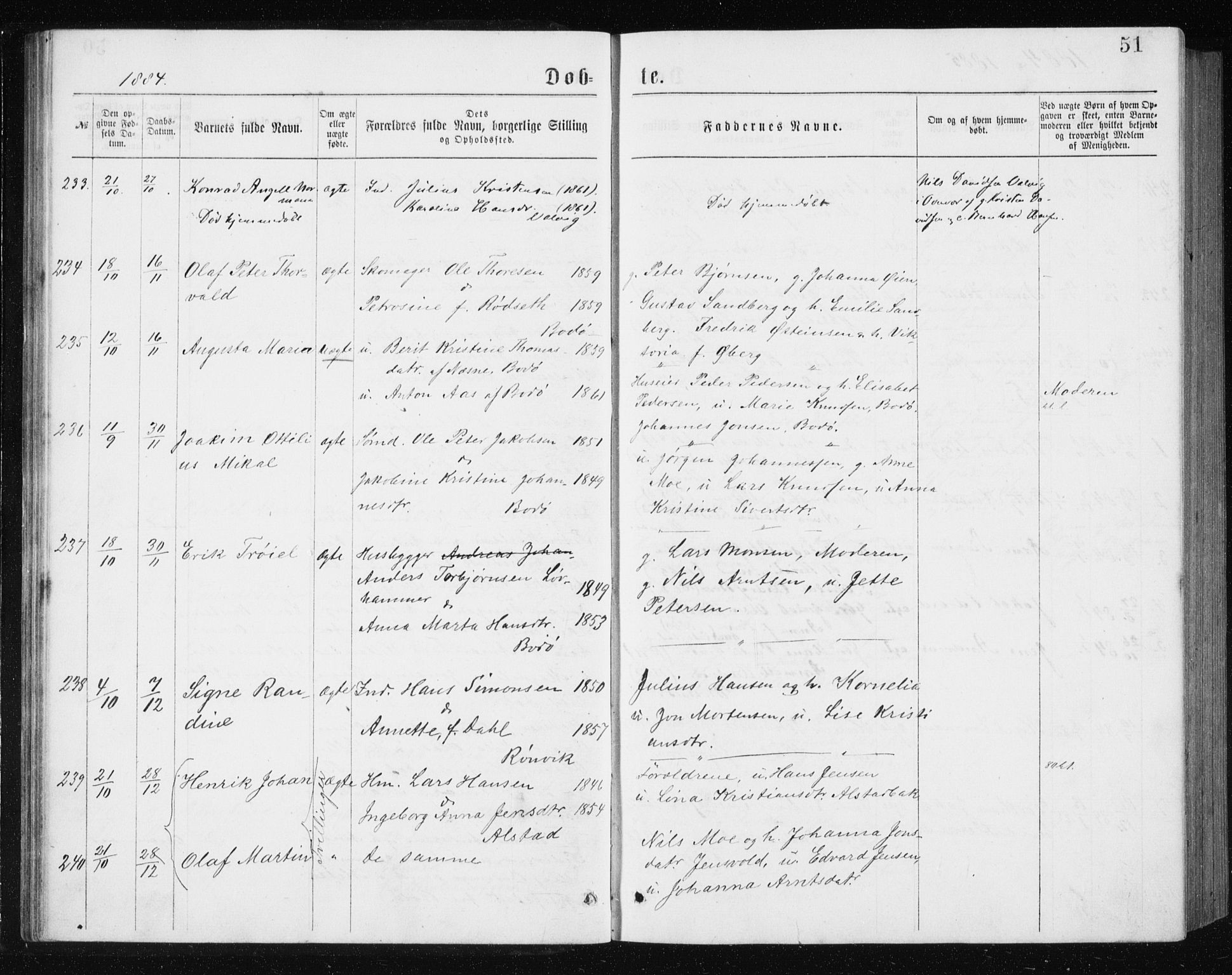 Ministerialprotokoller, klokkerbøker og fødselsregistre - Nordland, AV/SAT-A-1459/801/L0031: Parish register (copy) no. 801C06, 1883-1887, p. 51