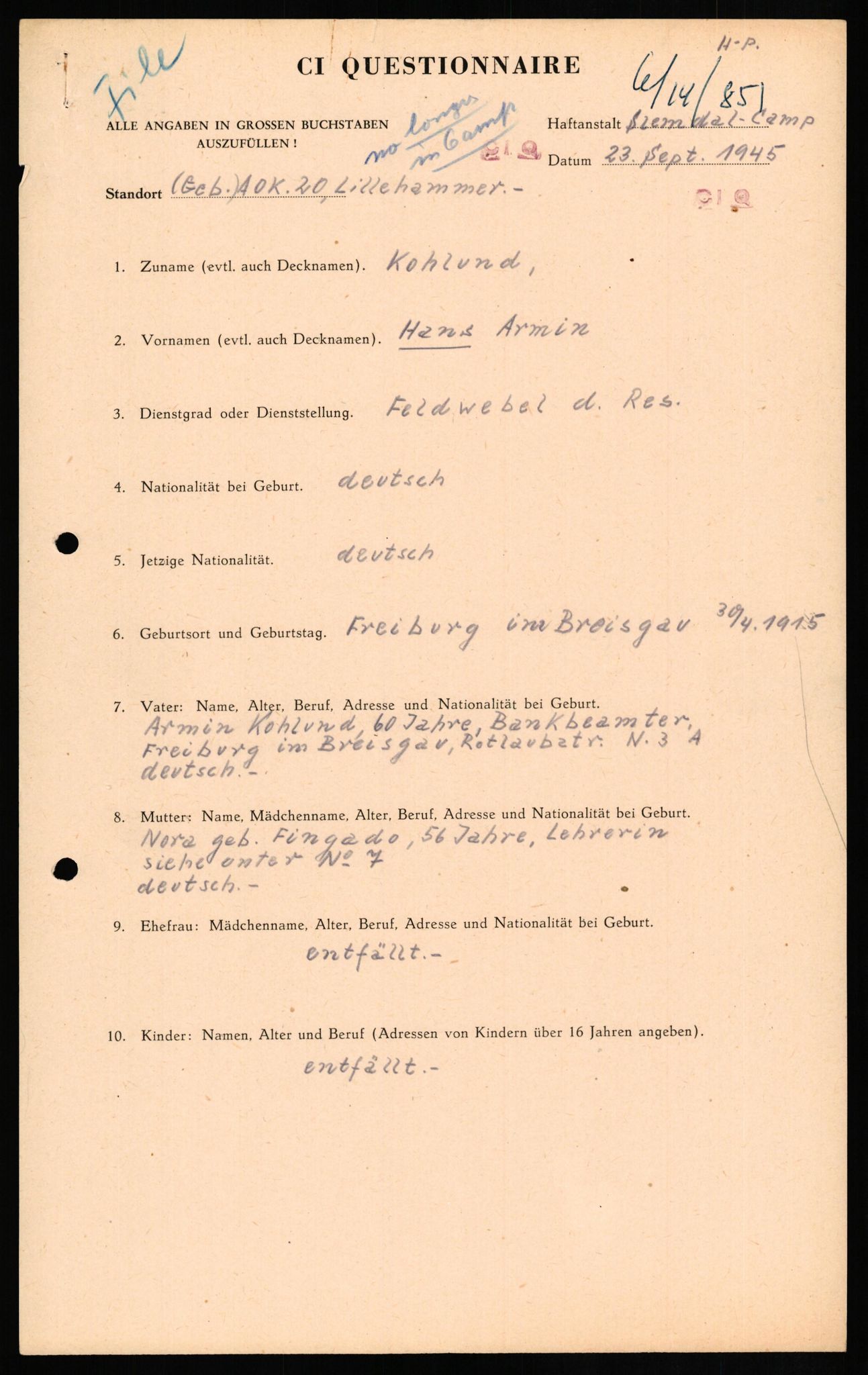 Forsvaret, Forsvarets overkommando II, RA/RAFA-3915/D/Db/L0017: CI Questionaires. Tyske okkupasjonsstyrker i Norge. Tyskere., 1945-1946, p. 455