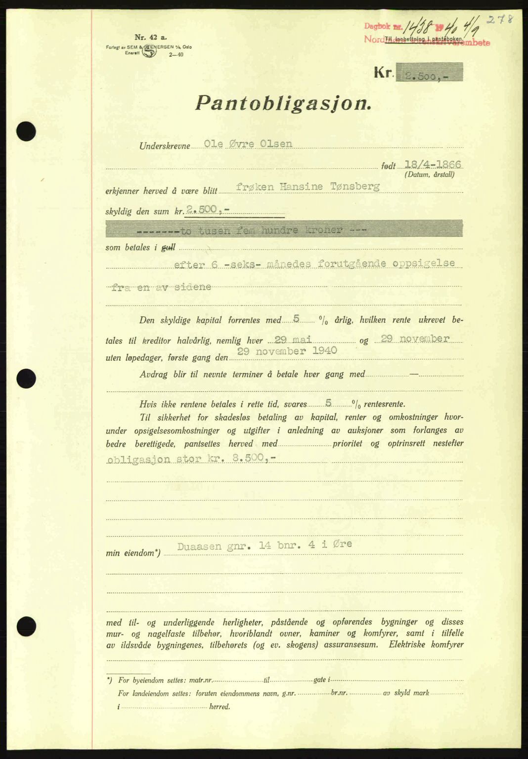 Nordmøre sorenskriveri, AV/SAT-A-4132/1/2/2Ca: Mortgage book no. B87, 1940-1941, Diary no: : 1438/1940