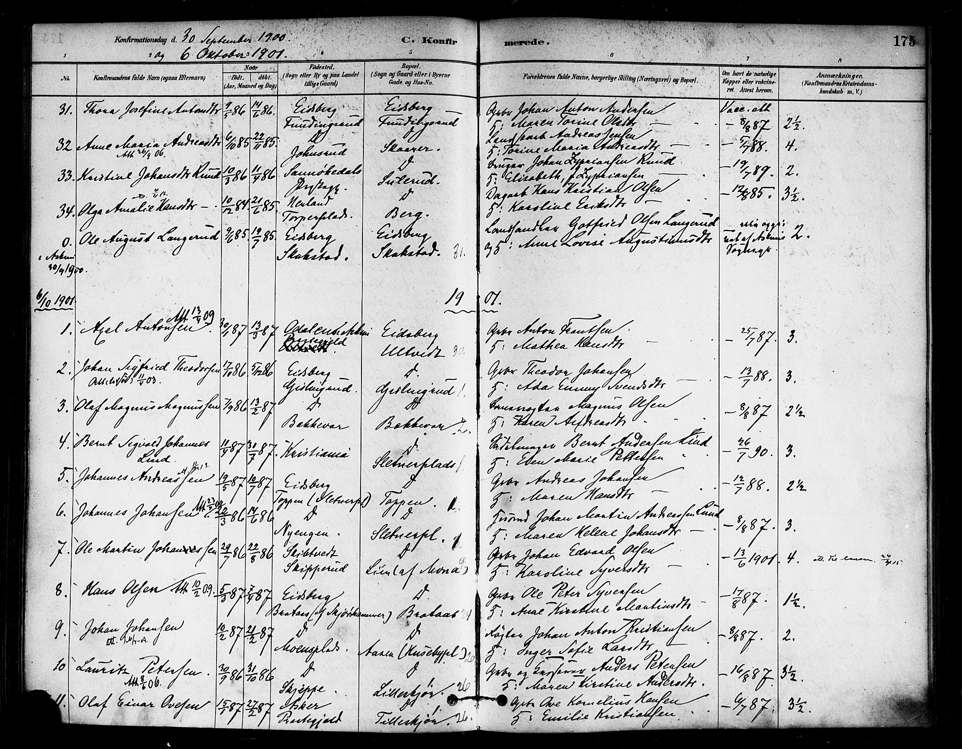 Eidsberg prestekontor Kirkebøker, SAO/A-10905/F/Fa/L0012: Parish register (official) no. I 12, 1879-1901, p. 175
