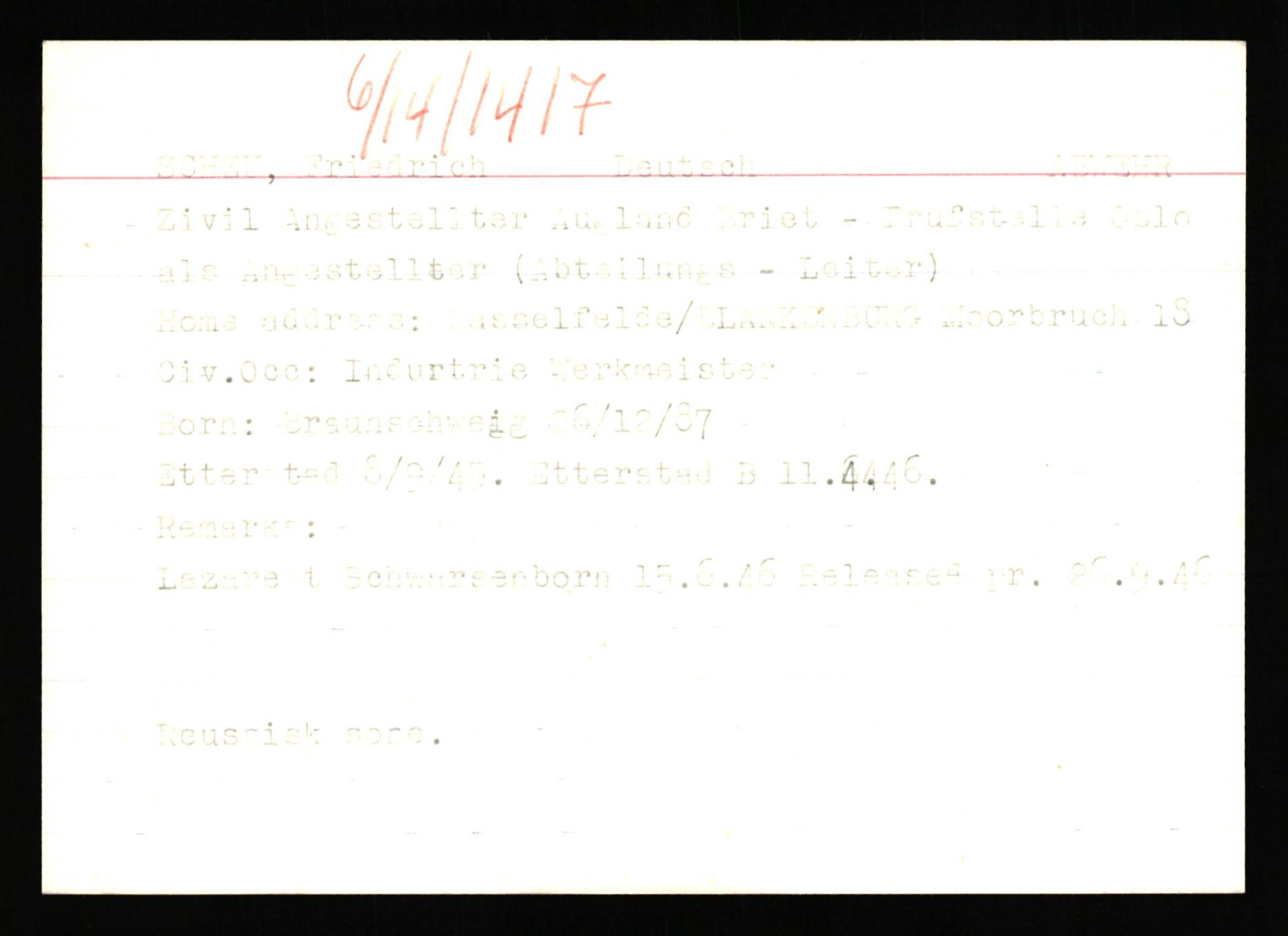 Forsvaret, Forsvarets overkommando II, RA/RAFA-3915/D/Db/L0029: CI Questionaires. Tyske okkupasjonsstyrker i Norge. Tyskere., 1945-1946, p. 156