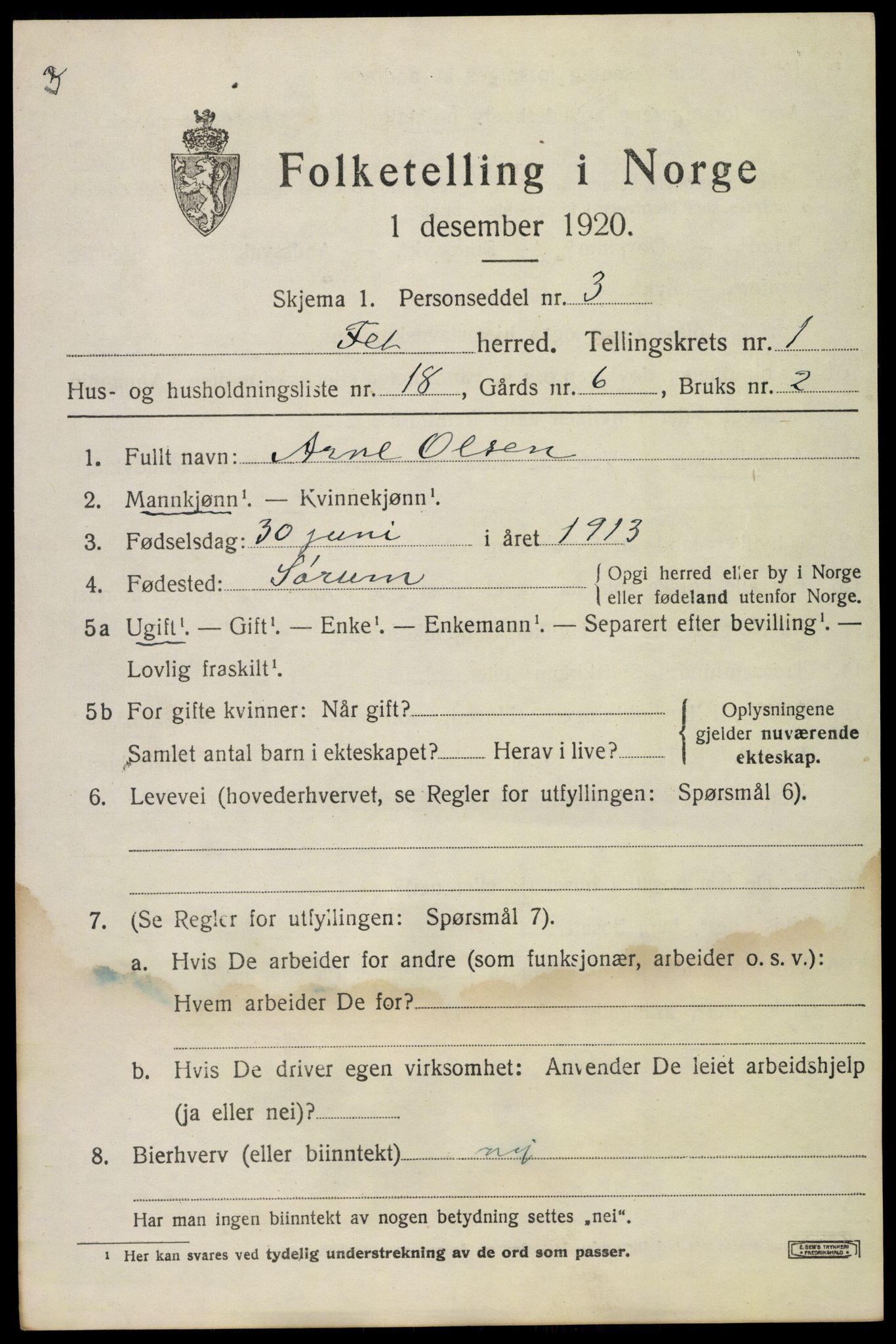 SAO, 1920 census for Fet, 1920, p. 2040