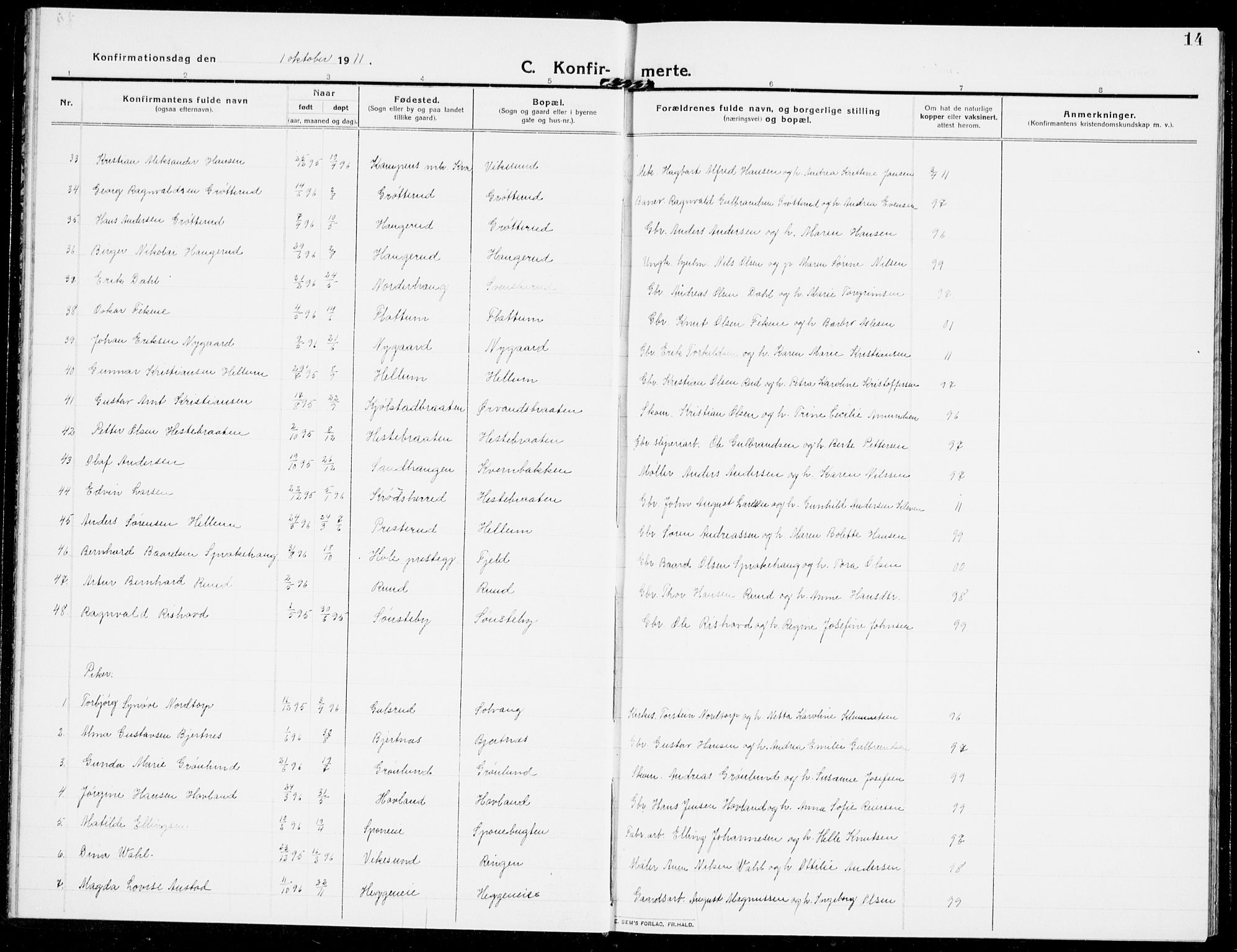 Modum kirkebøker, AV/SAKO-A-234/G/Ga/L0010: Parish register (copy) no. I 10, 1909-1923, p. 14