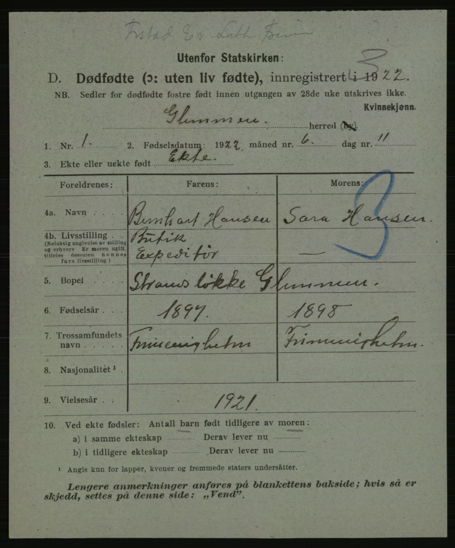 Statistisk sentralbyrå, Sosiodemografiske emner, Befolkning, AV/RA-S-2228/E/L0020: Fødte, gifte, døde dissentere., 1922, p. 3429