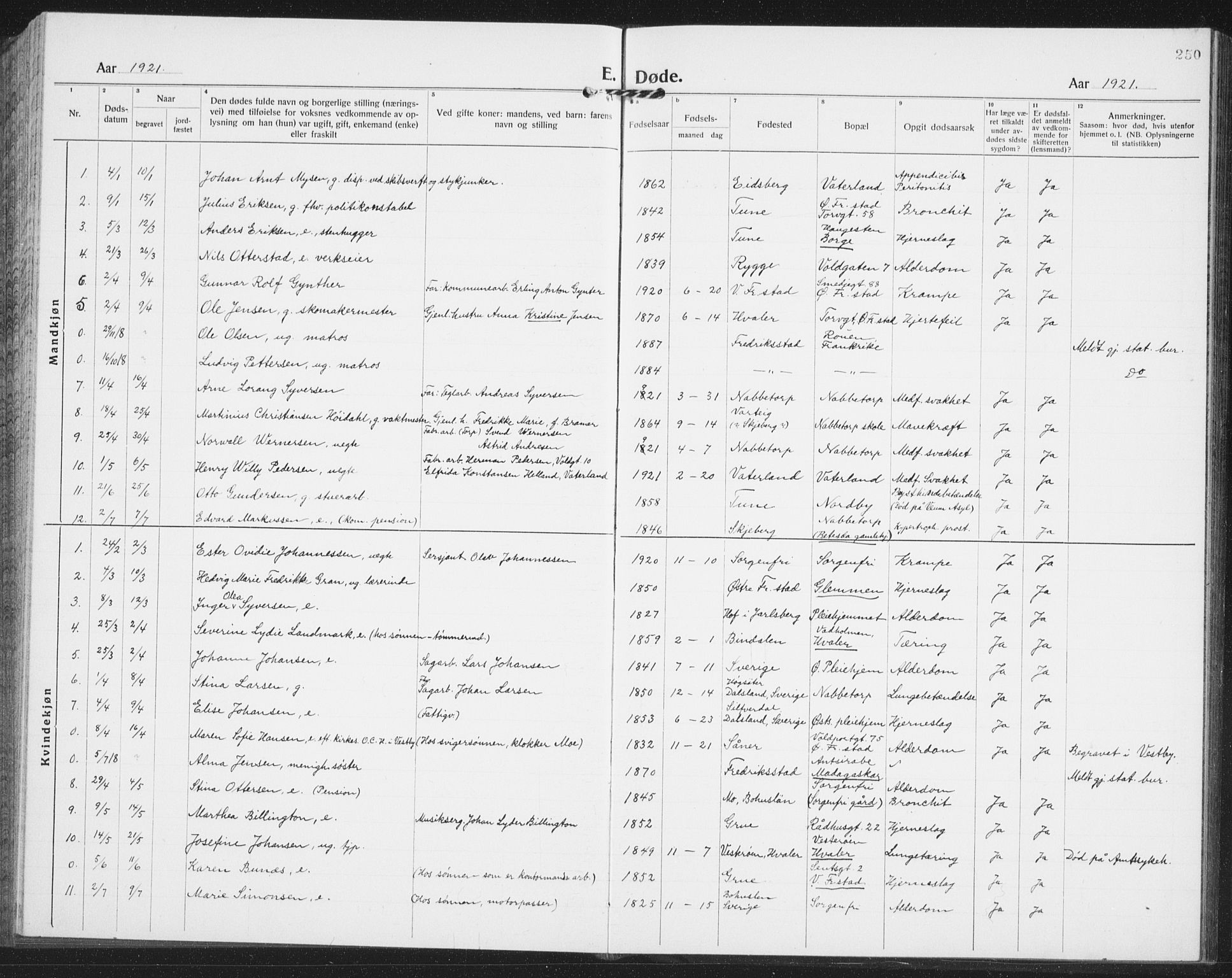 Østre Fredrikstad prestekontor Kirkebøker, AV/SAO-A-10907/G/Ga/L0003: Parish register (copy) no. 3, 1920-1940, p. 250