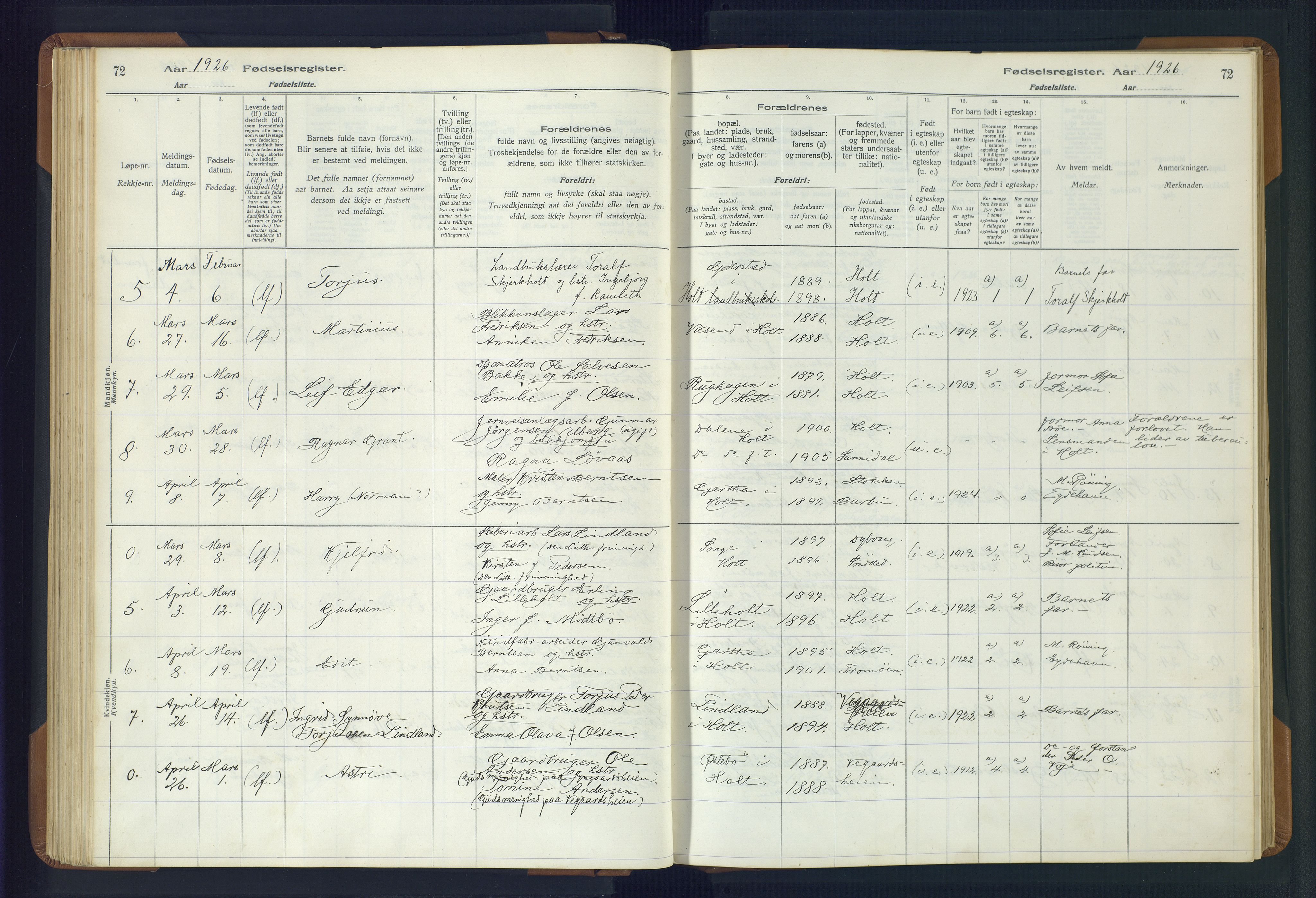 Holt sokneprestkontor, AV/SAK-1111-0021/J/Ja/L0001: Birth register no. II.4.1, 1916-1946, p. 72