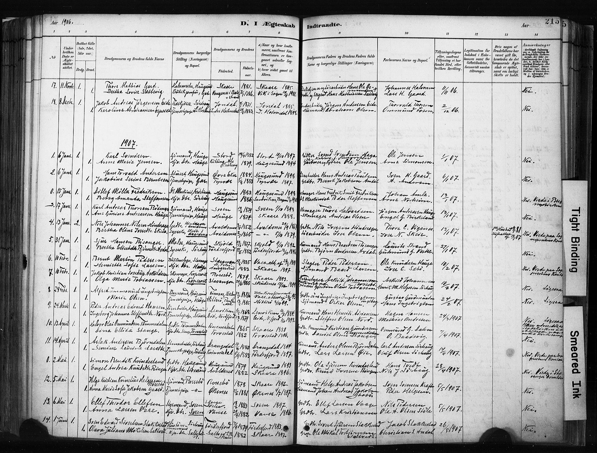 Haugesund sokneprestkontor, AV/SAST-A -101863/H/Ha/Haa/L0004: Parish register (official) no. A 4, 1886-1908, p. 215