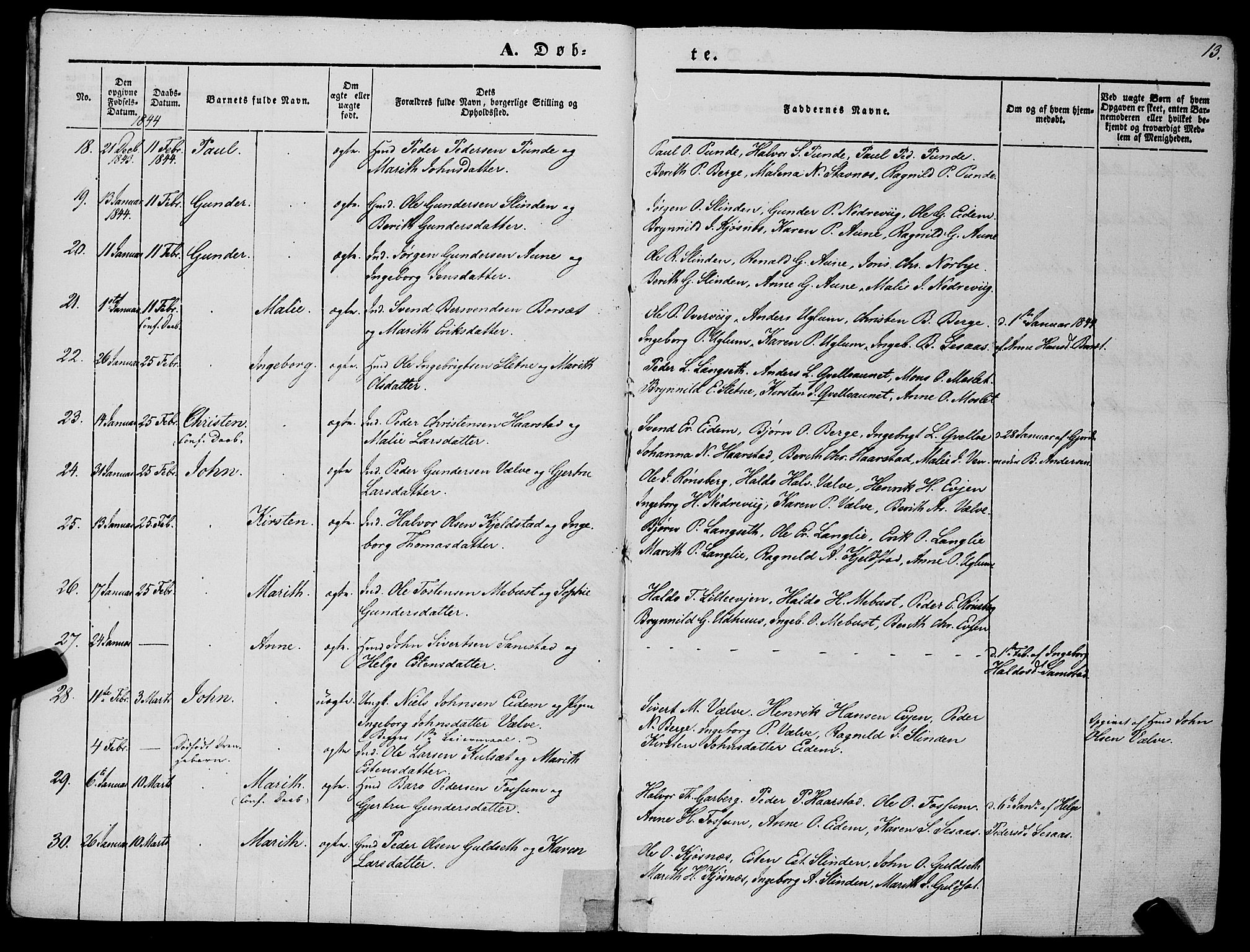 Ministerialprotokoller, klokkerbøker og fødselsregistre - Sør-Trøndelag, SAT/A-1456/695/L1145: Parish register (official) no. 695A06 /1, 1843-1859, p. 13