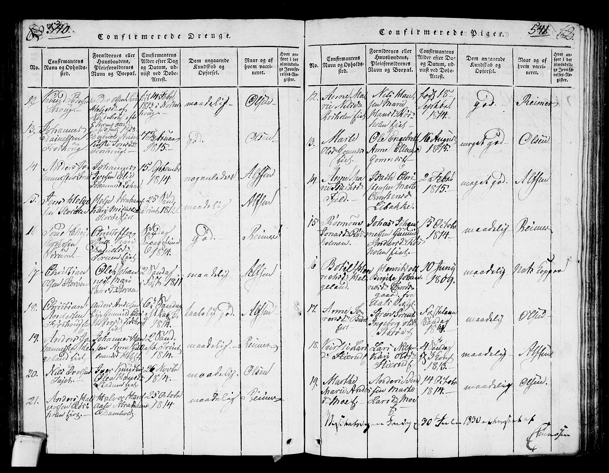 Hole kirkebøker, SAKO/A-228/G/Ga/L0001: Parish register (copy) no. I 1, 1814-1842, p. 540-541