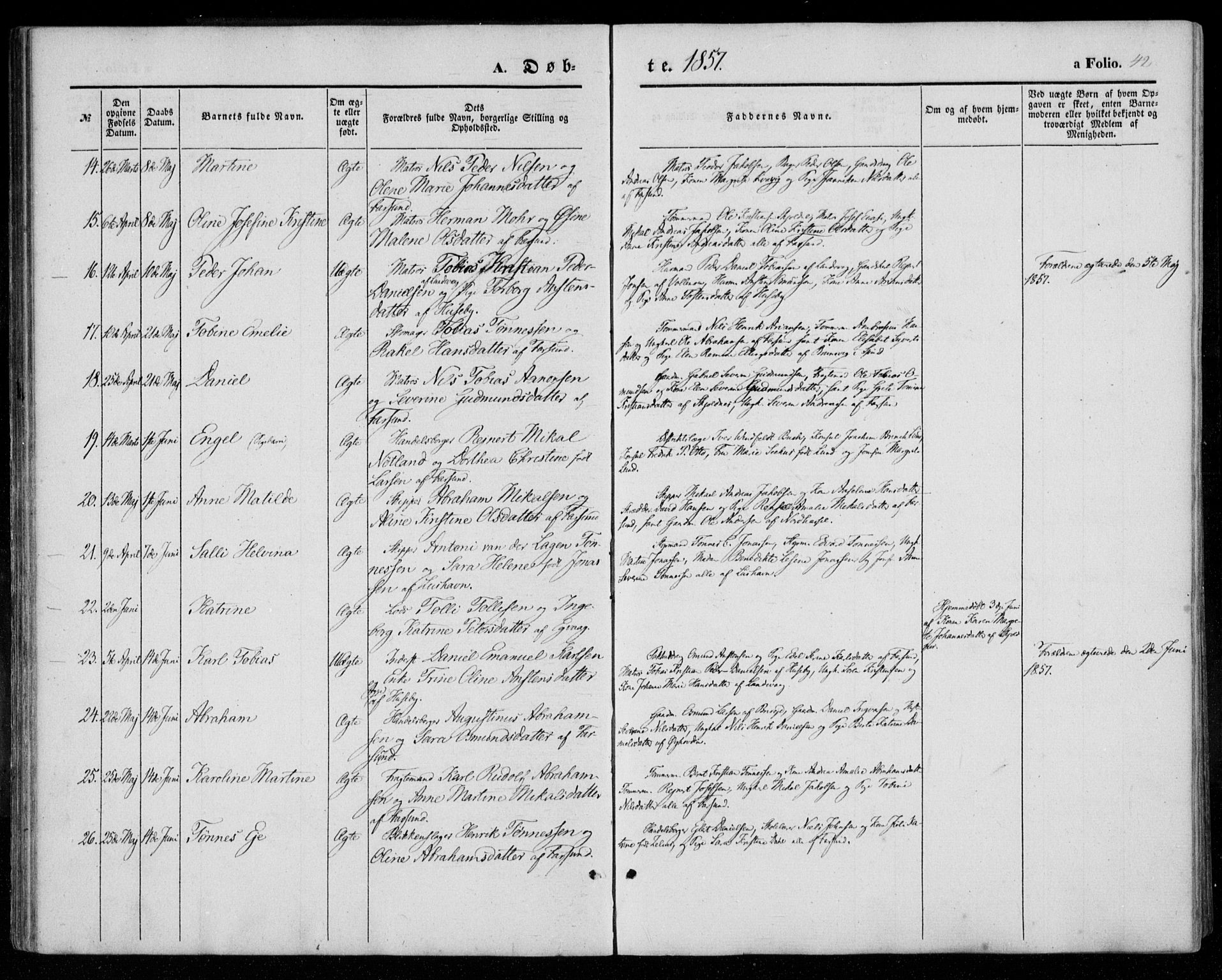 Farsund sokneprestkontor, AV/SAK-1111-0009/F/Fa/L0004: Parish register (official) no. A 4, 1847-1863, p. 42