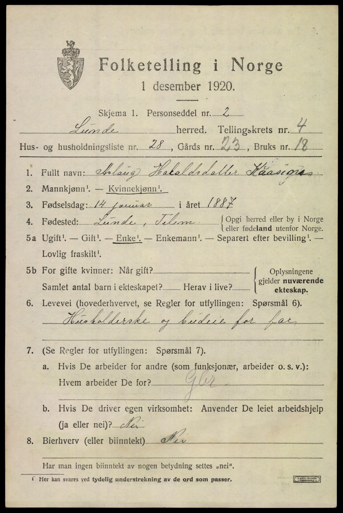 SAKO, 1920 census for Lunde, 1920, p. 3205