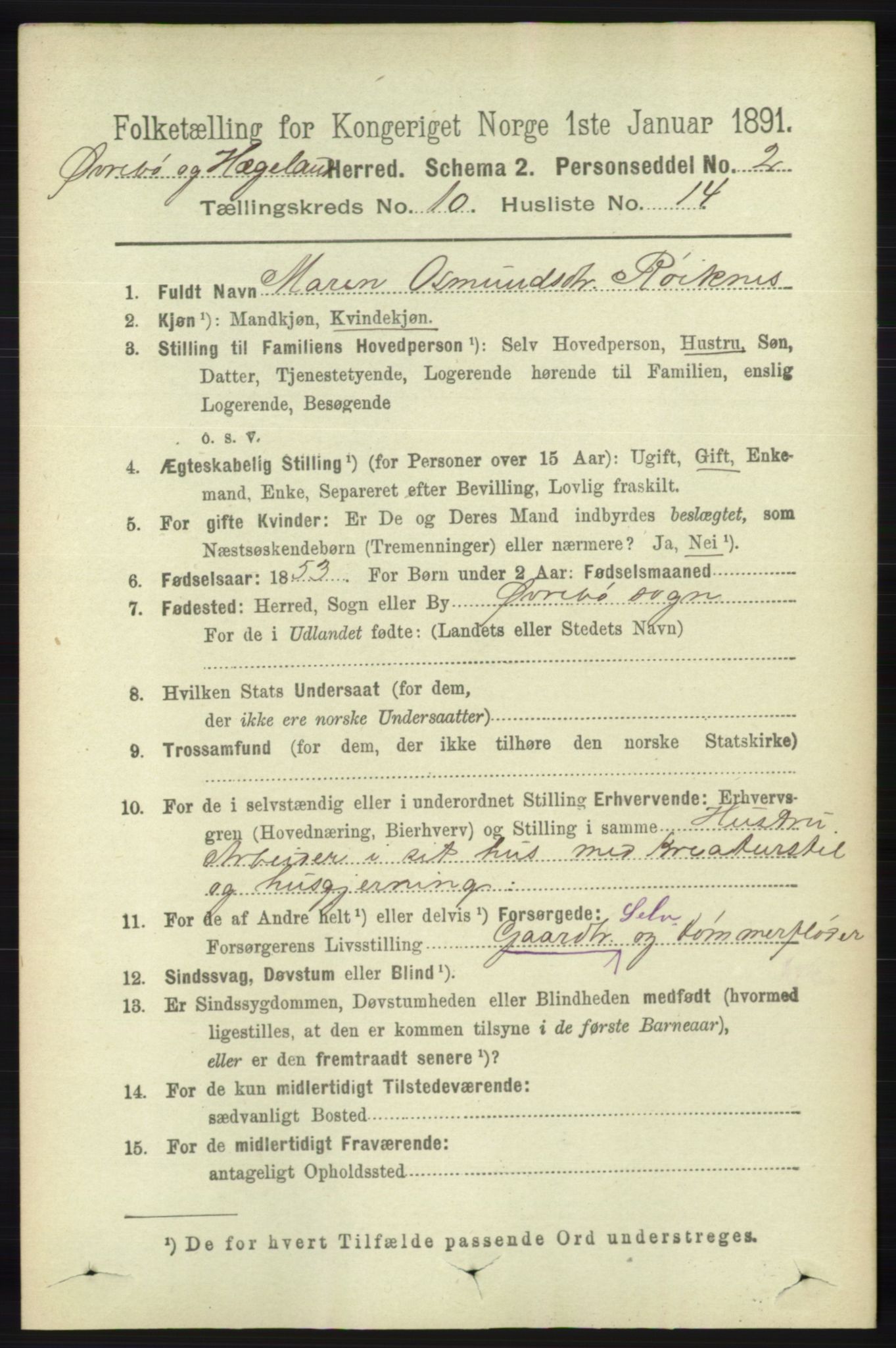 RA, 1891 census for 1016 Øvrebø og Hægeland, 1891, p. 2121