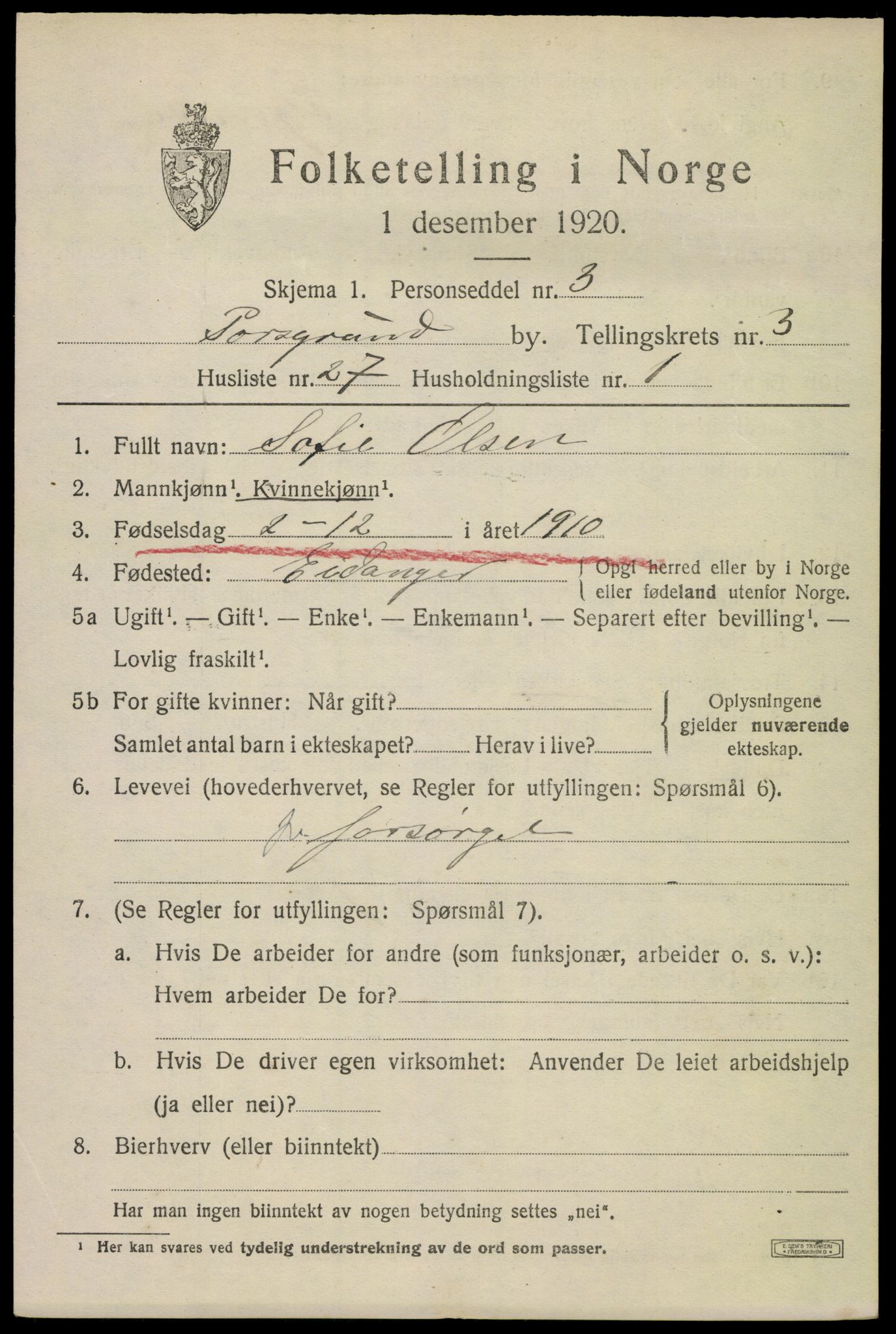 SAKO, 1920 census for Porsgrunn, 1920, p. 14763