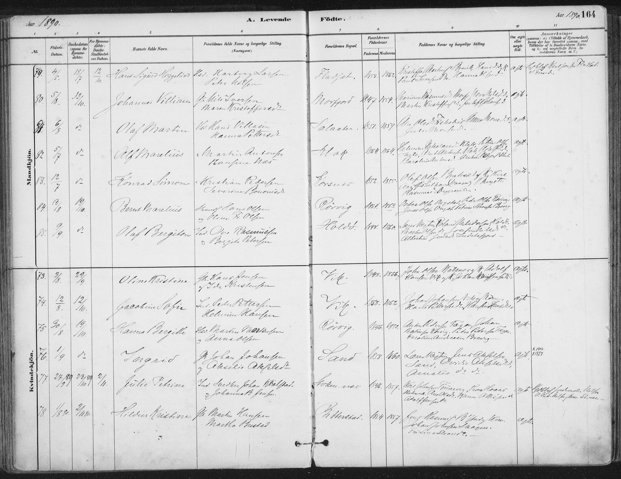 Ministerialprotokoller, klokkerbøker og fødselsregistre - Nordland, AV/SAT-A-1459/888/L1244: Parish register (official) no. 888A10, 1880-1890, p. 164