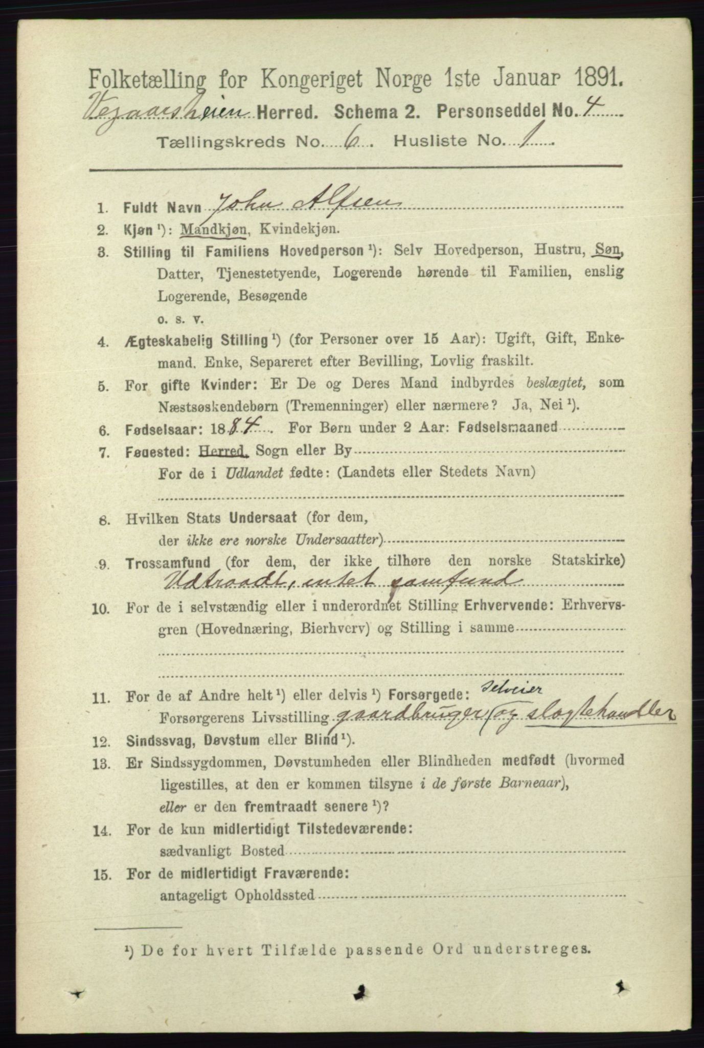 RA, 1891 census for 0912 Vegårshei, 1891, p. 1169