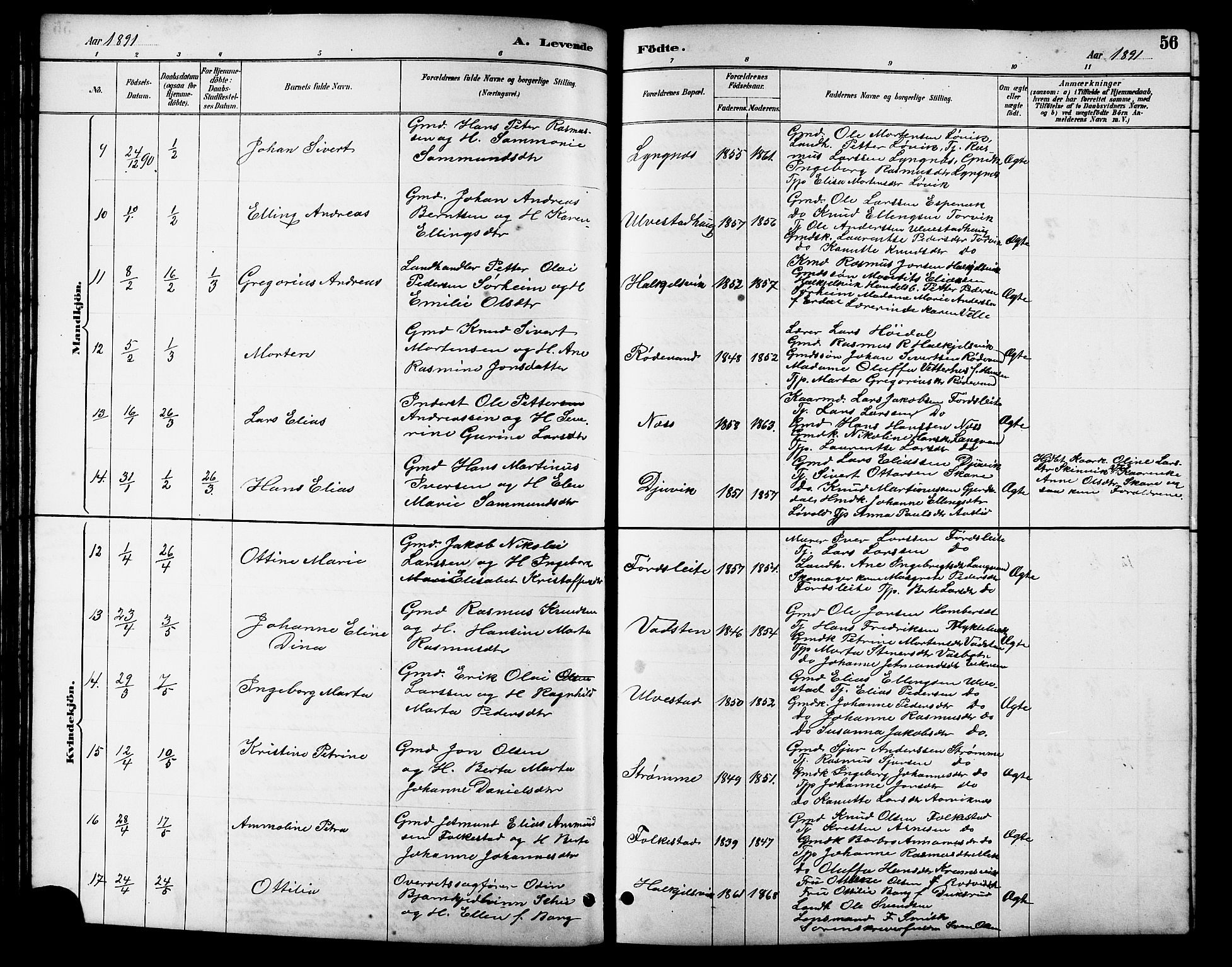 Ministerialprotokoller, klokkerbøker og fødselsregistre - Møre og Romsdal, AV/SAT-A-1454/511/L0158: Parish register (copy) no. 511C04, 1884-1903, p. 56