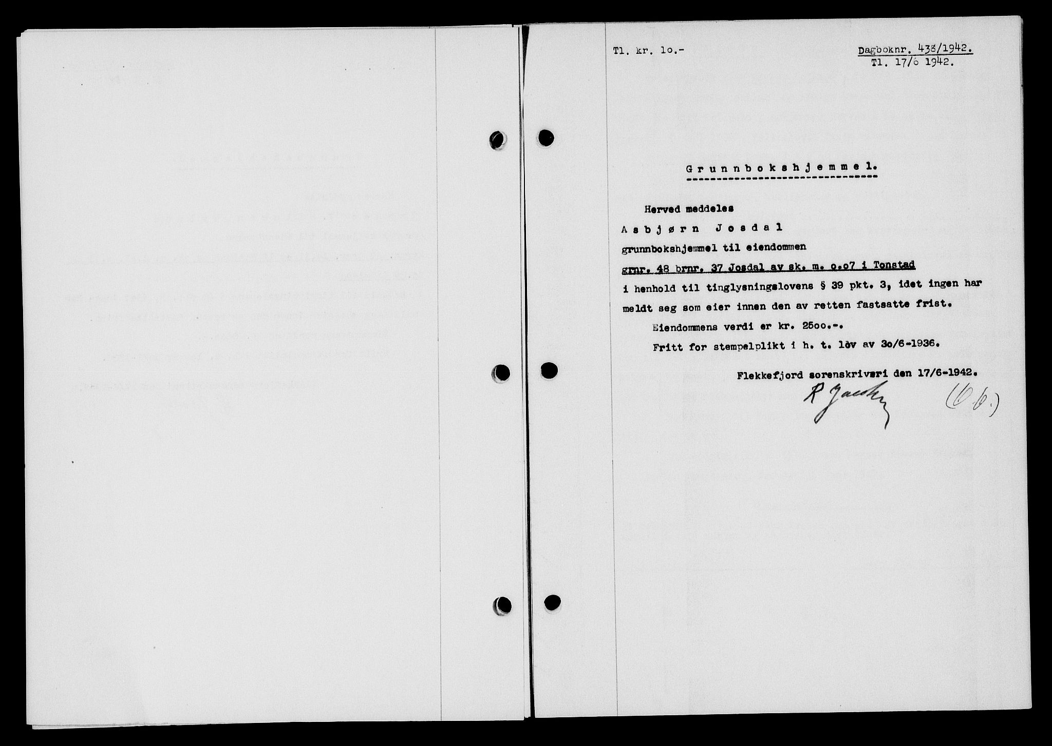 Flekkefjord sorenskriveri, SAK/1221-0001/G/Gb/Gba/L0057: Mortgage book no. A-5, 1941-1942, Diary no: : 438/1942