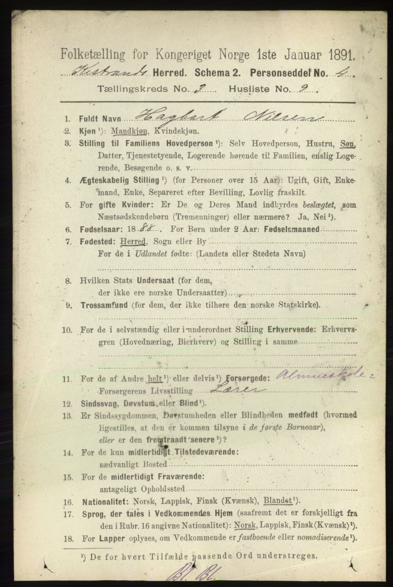 RA, 1891 census for 2020 Kistrand, 1891, p. 1324