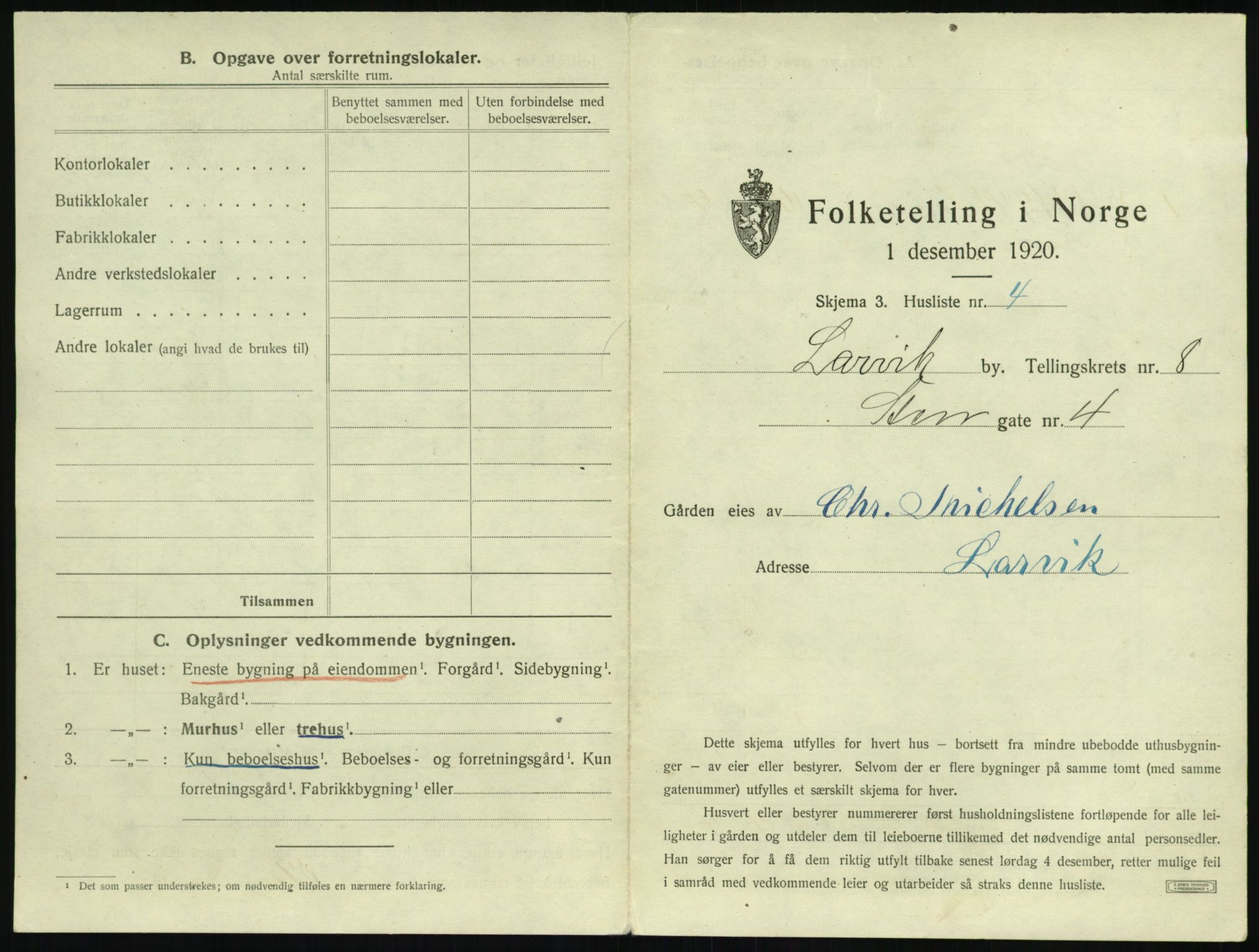 SAKO, 1920 census for Larvik, 1920, p. 1922