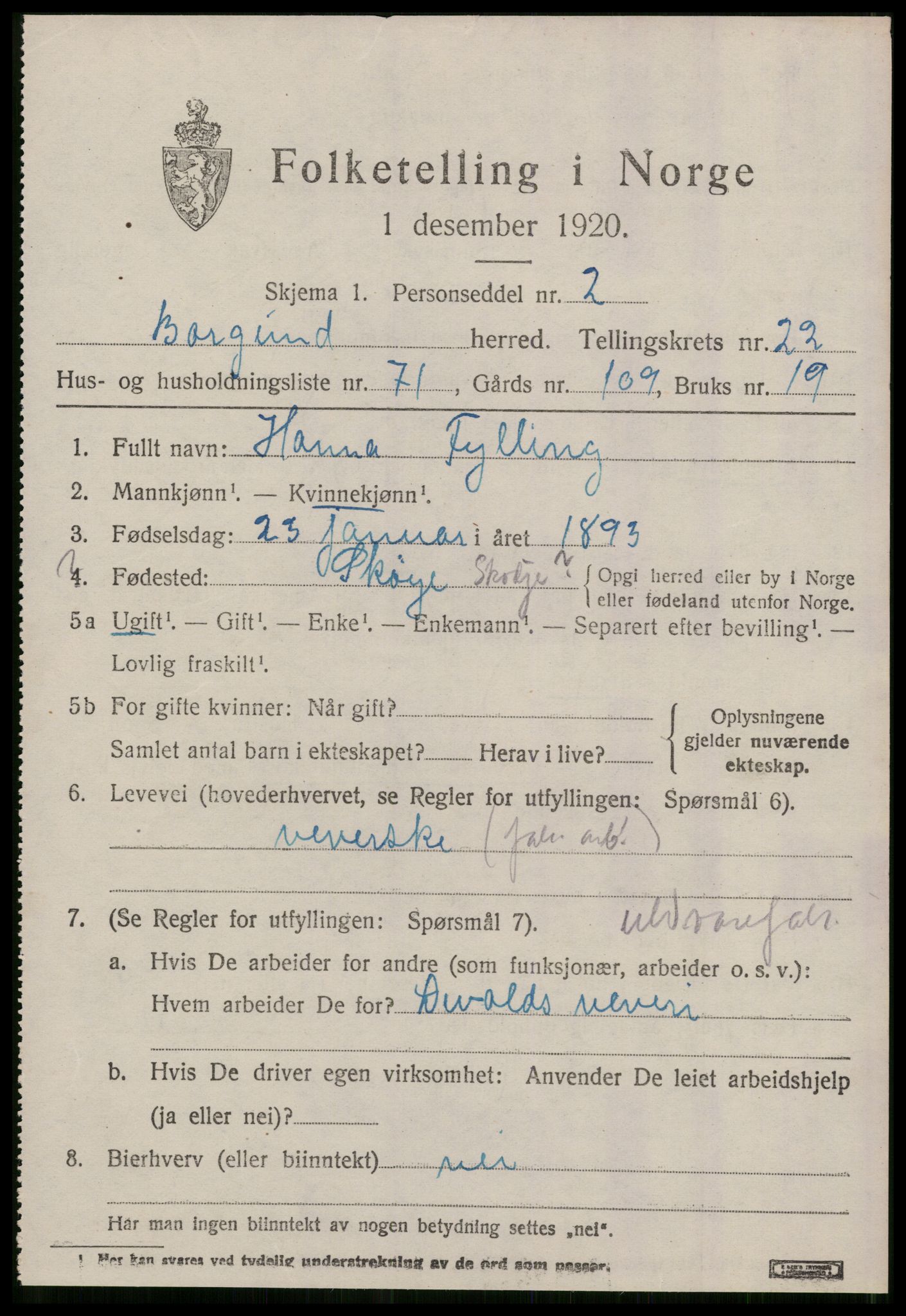 SAT, 1920 census for Borgund, 1920, p. 16330