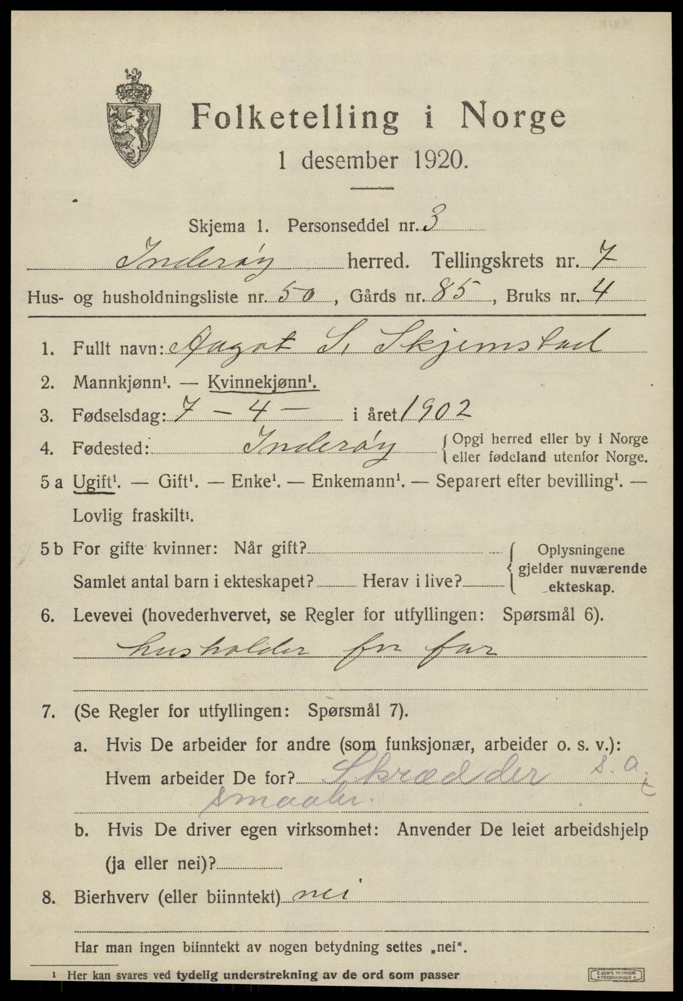 SAT, 1920 census for Inderøy, 1920, p. 5577