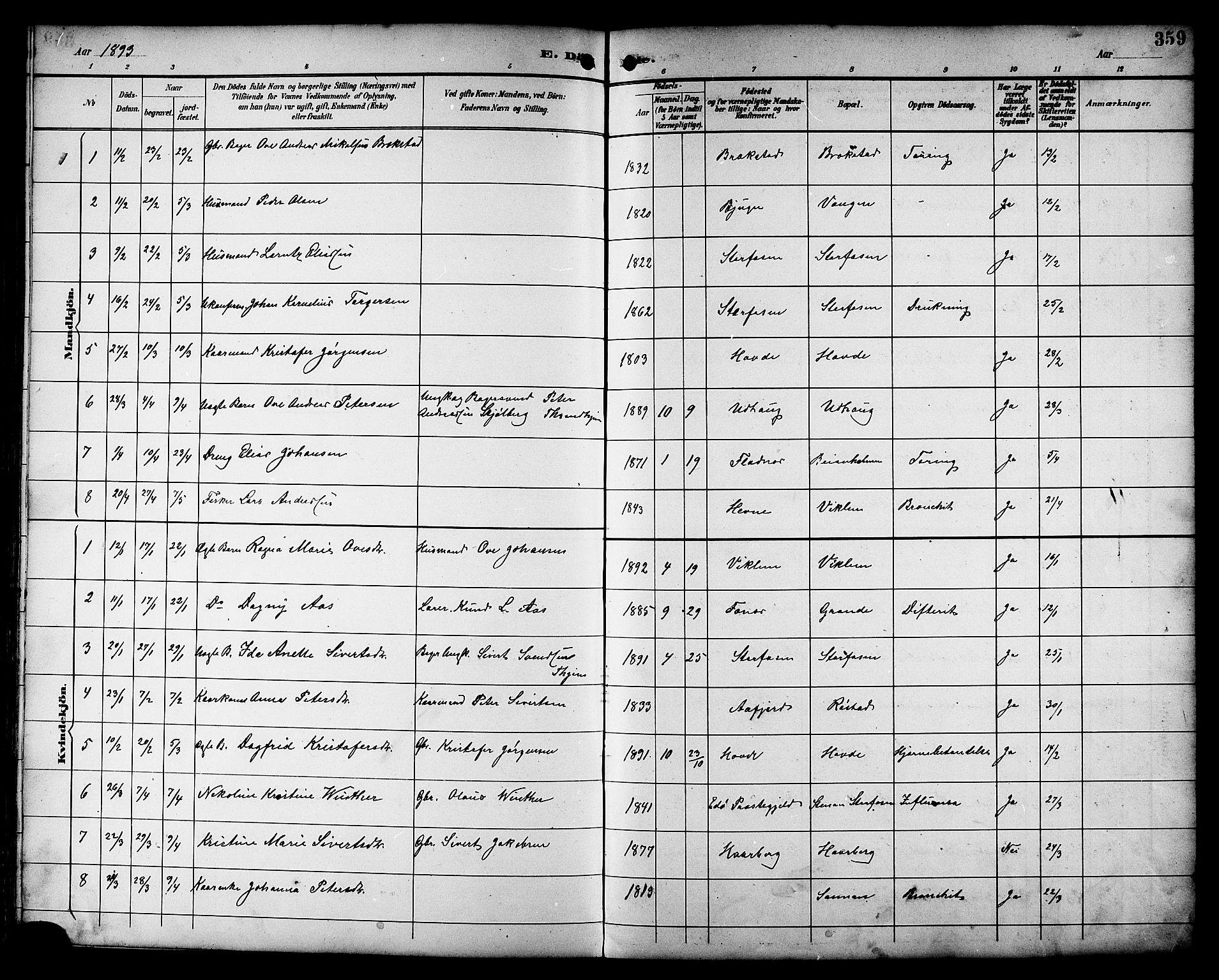 Ministerialprotokoller, klokkerbøker og fødselsregistre - Sør-Trøndelag, SAT/A-1456/659/L0746: Parish register (copy) no. 659C03, 1893-1912, p. 359