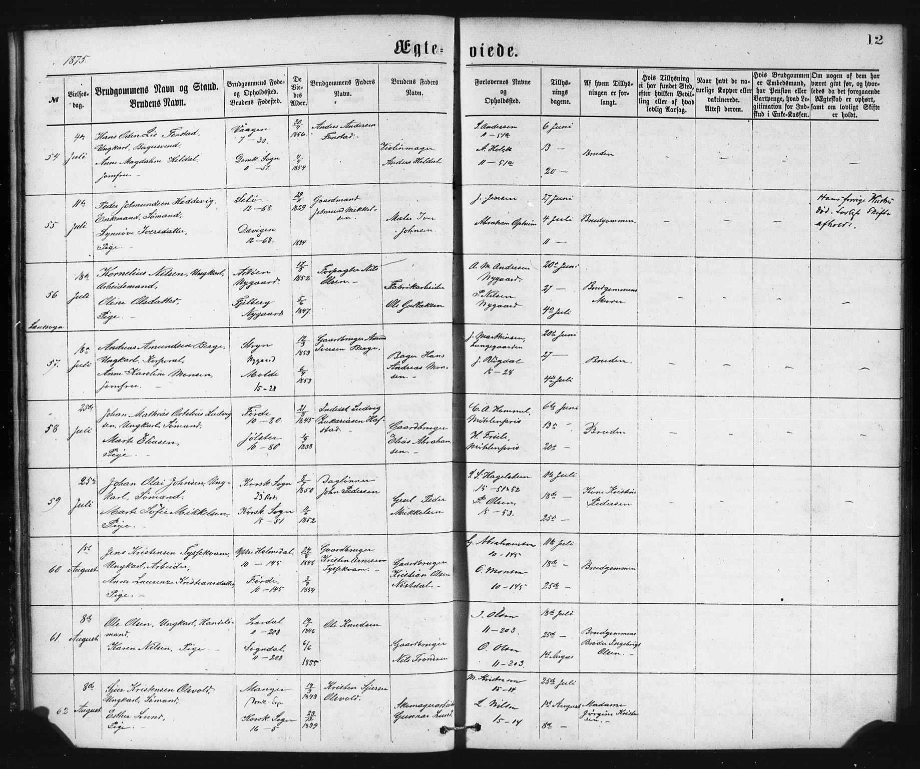 Domkirken sokneprestembete, SAB/A-74801/H/Haa/L0036: Parish register (official) no. D 3, 1875-1880, p. 12