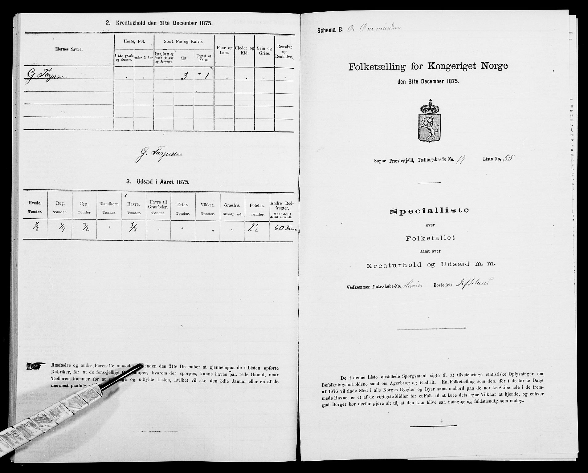 SAK, 1875 census for 1018P Søgne, 1875, p. 1111