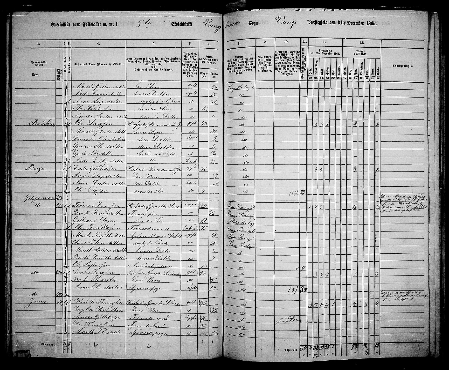 RA, 1865 census for Vang, 1865, p. 71