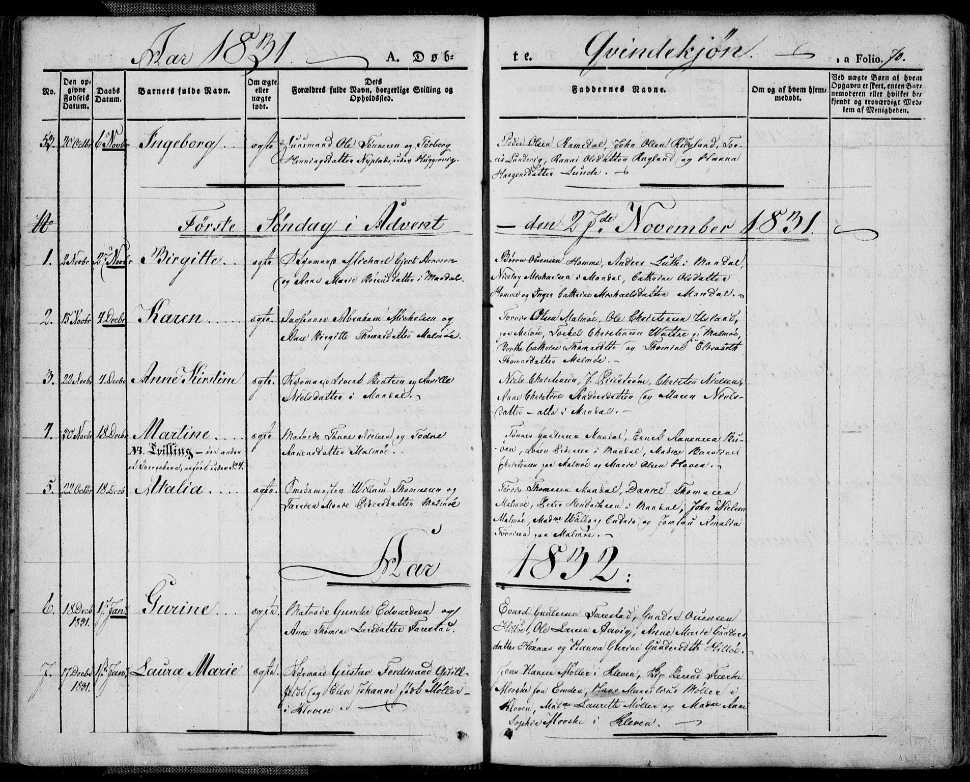 Mandal sokneprestkontor, AV/SAK-1111-0030/F/Fa/Faa/L0011: Parish register (official) no. A 11, 1830-1839, p. 70