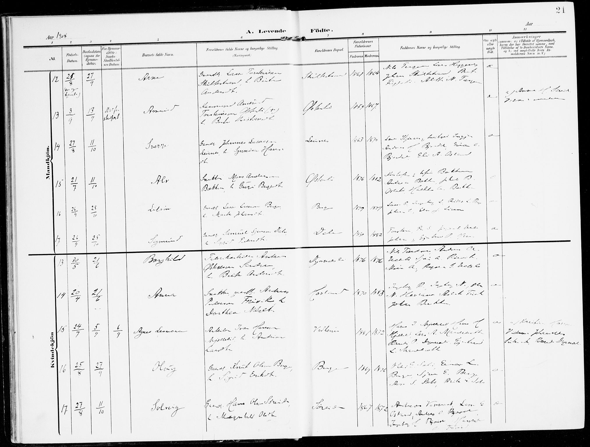 Lavik sokneprestembete, AV/SAB-A-80901: Parish register (official) no. C 2, 1904-1921, p. 21