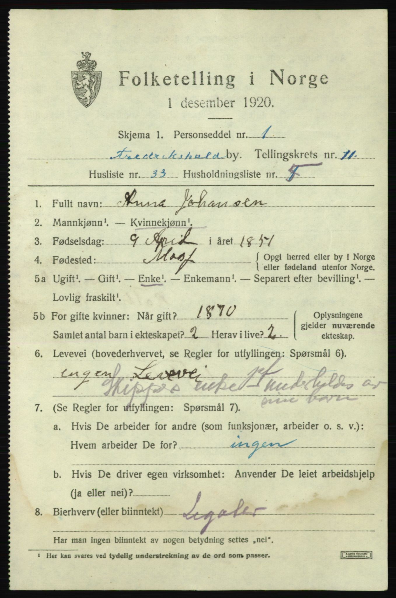 SAO, 1920 census for Fredrikshald, 1920, p. 19735