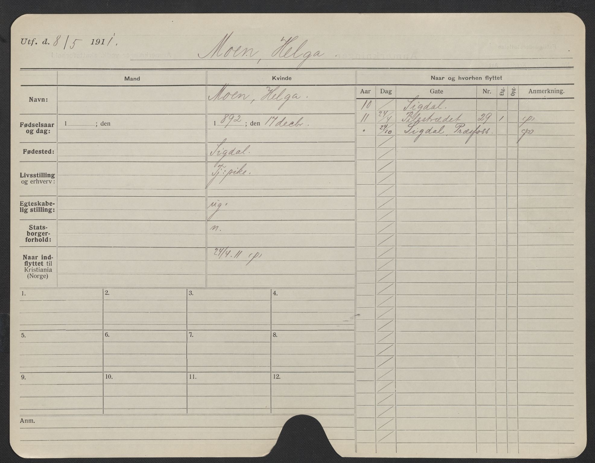 Oslo folkeregister, Registerkort, AV/SAO-A-11715/F/Fa/Fac/L0020: Kvinner, 1906-1914, p. 976a