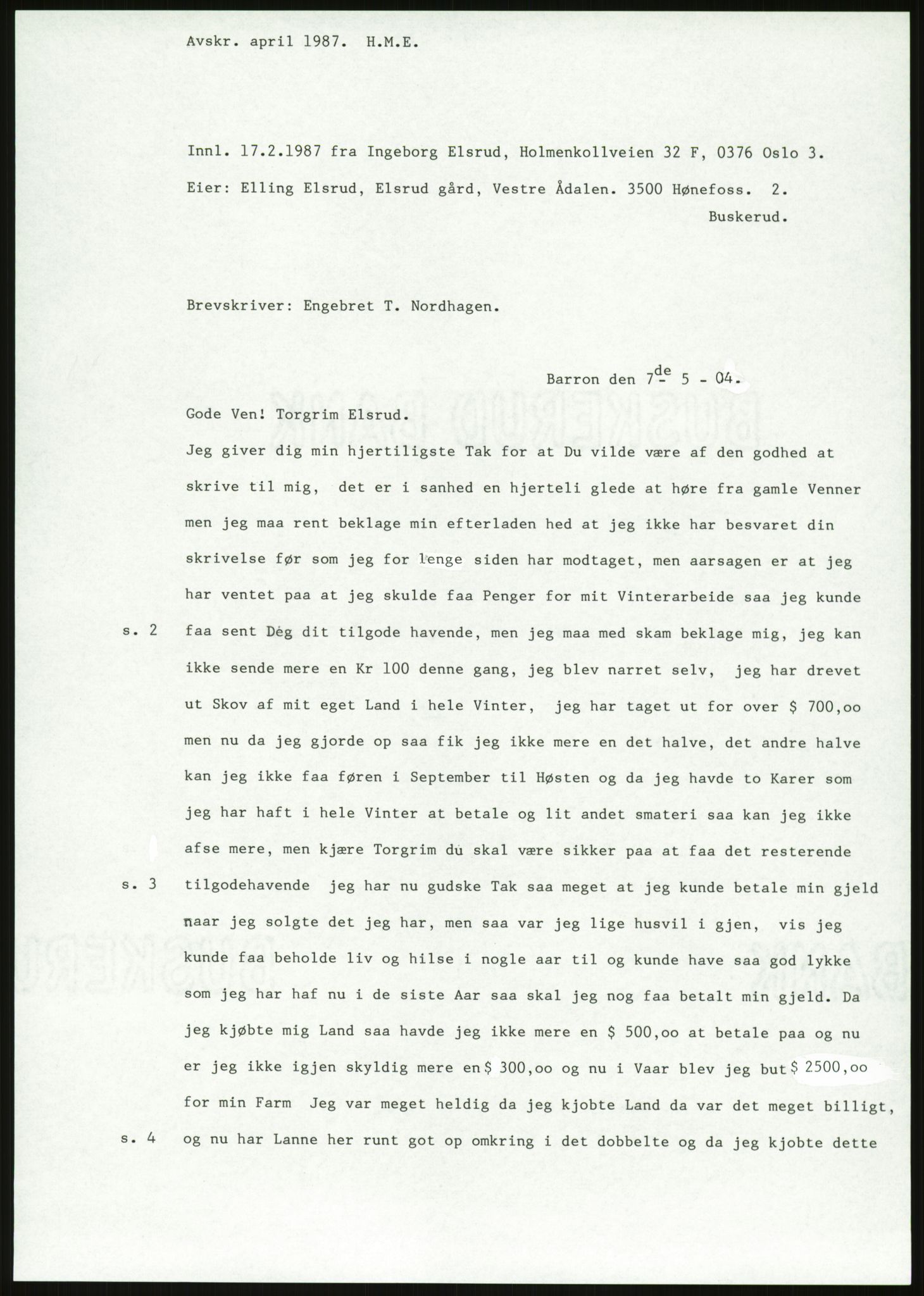 Samlinger til kildeutgivelse, Amerikabrevene, AV/RA-EA-4057/F/L0018: Innlån fra Buskerud: Elsrud, 1838-1914, p. 1055