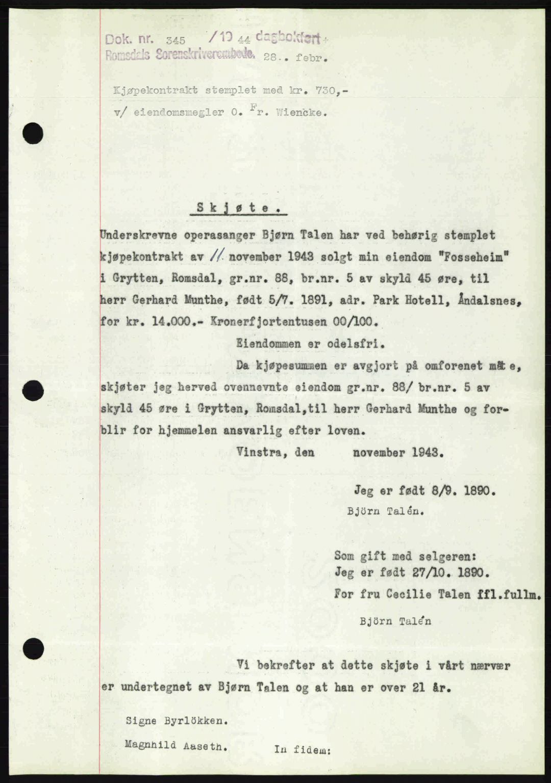 Romsdal sorenskriveri, SAT/A-4149/1/2/2C: Mortgage book no. A16, 1944-1944, Diary no: : 345/1944