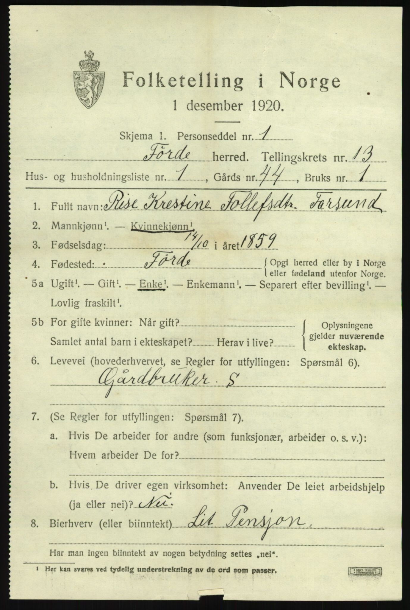 SAB, 1920 census for Førde, 1920, p. 4600