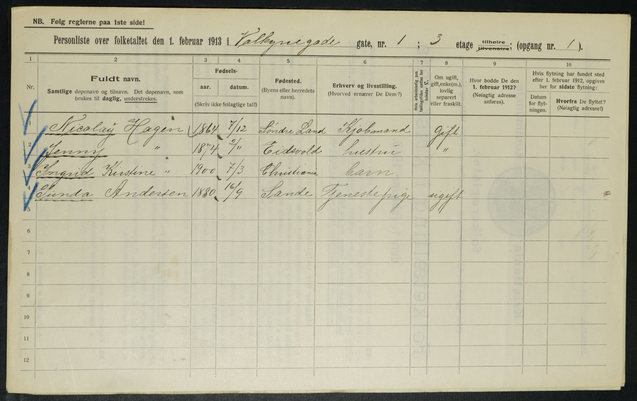 OBA, Municipal Census 1913 for Kristiania, 1913, p. 121514