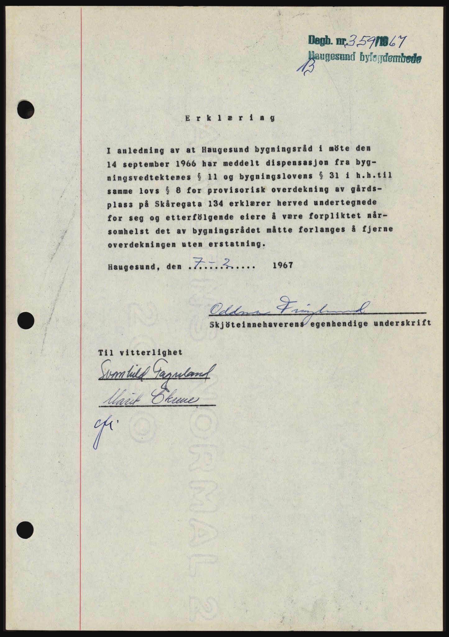 Haugesund tingrett, SAST/A-101415/01/II/IIC/L0056: Mortgage book no. B 56, 1966-1967, Diary no: : 359/1967