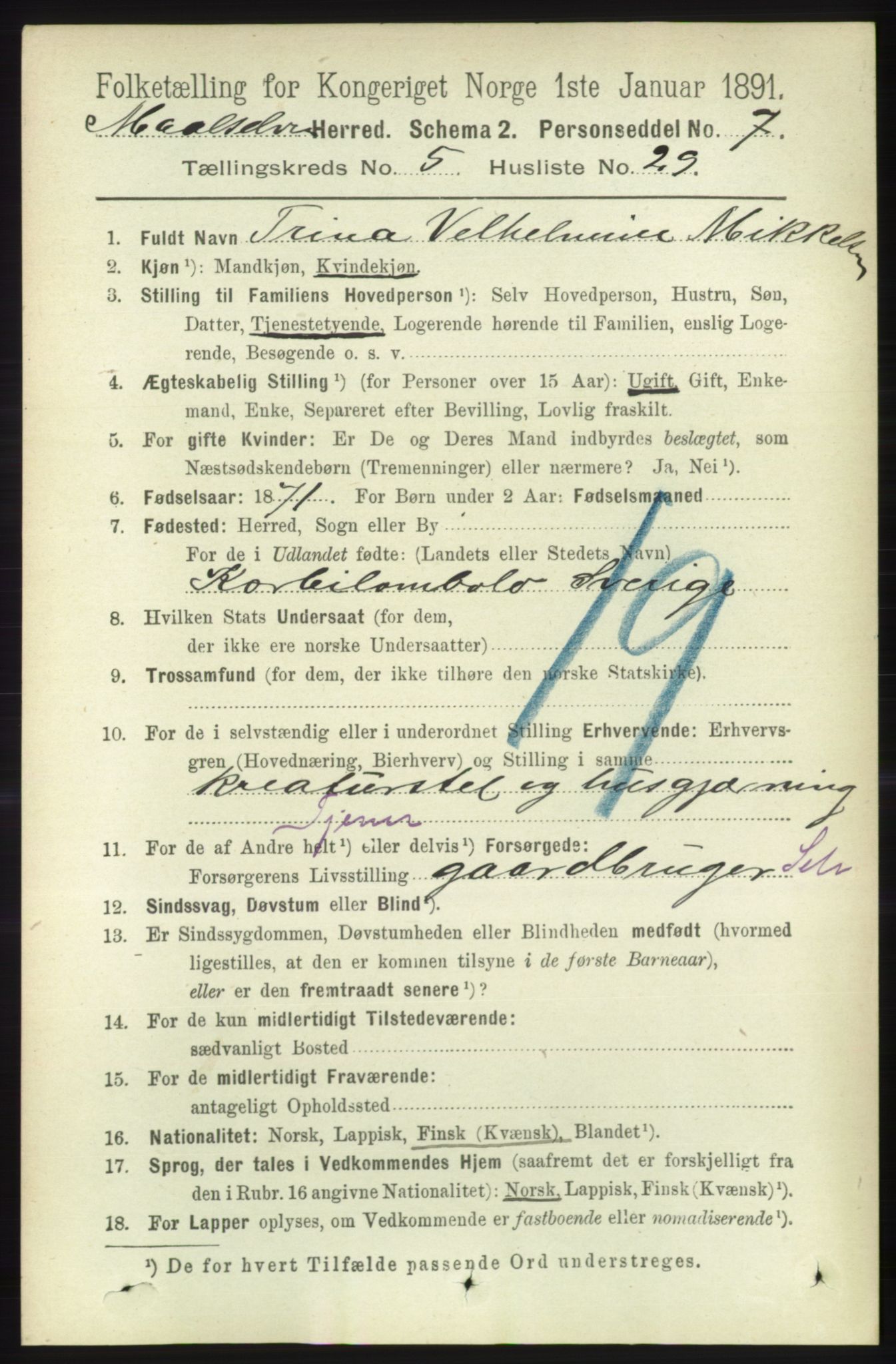 RA, 1891 census for 1924 Målselv, 1891, p. 1816