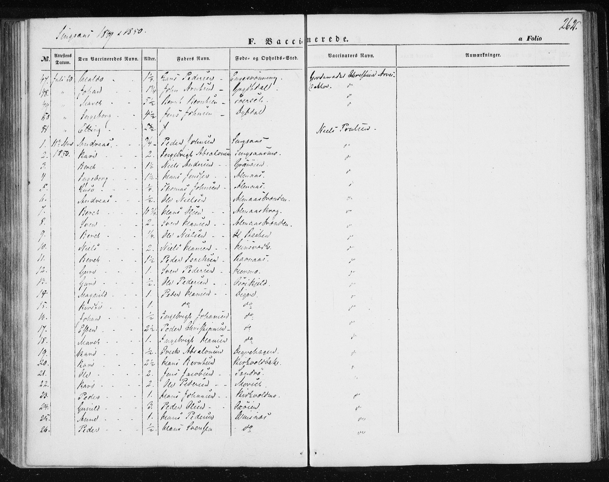 Ministerialprotokoller, klokkerbøker og fødselsregistre - Sør-Trøndelag, SAT/A-1456/685/L0964: Parish register (official) no. 685A06 /2, 1846-1859, p. 262