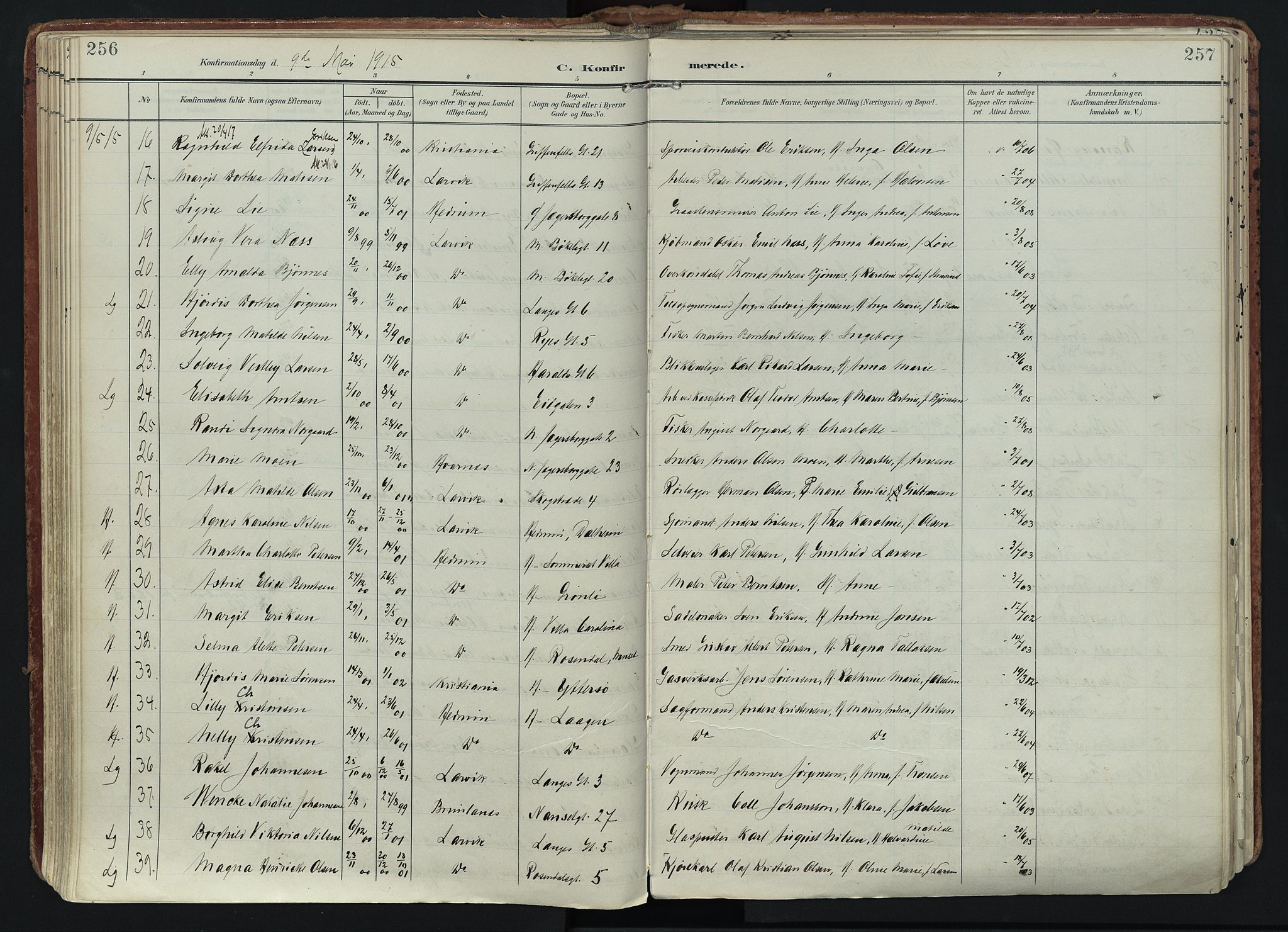 Larvik kirkebøker, SAKO/A-352/F/Fa/L0011: Parish register (official) no. I 11, 1902-1922, p. 256-257