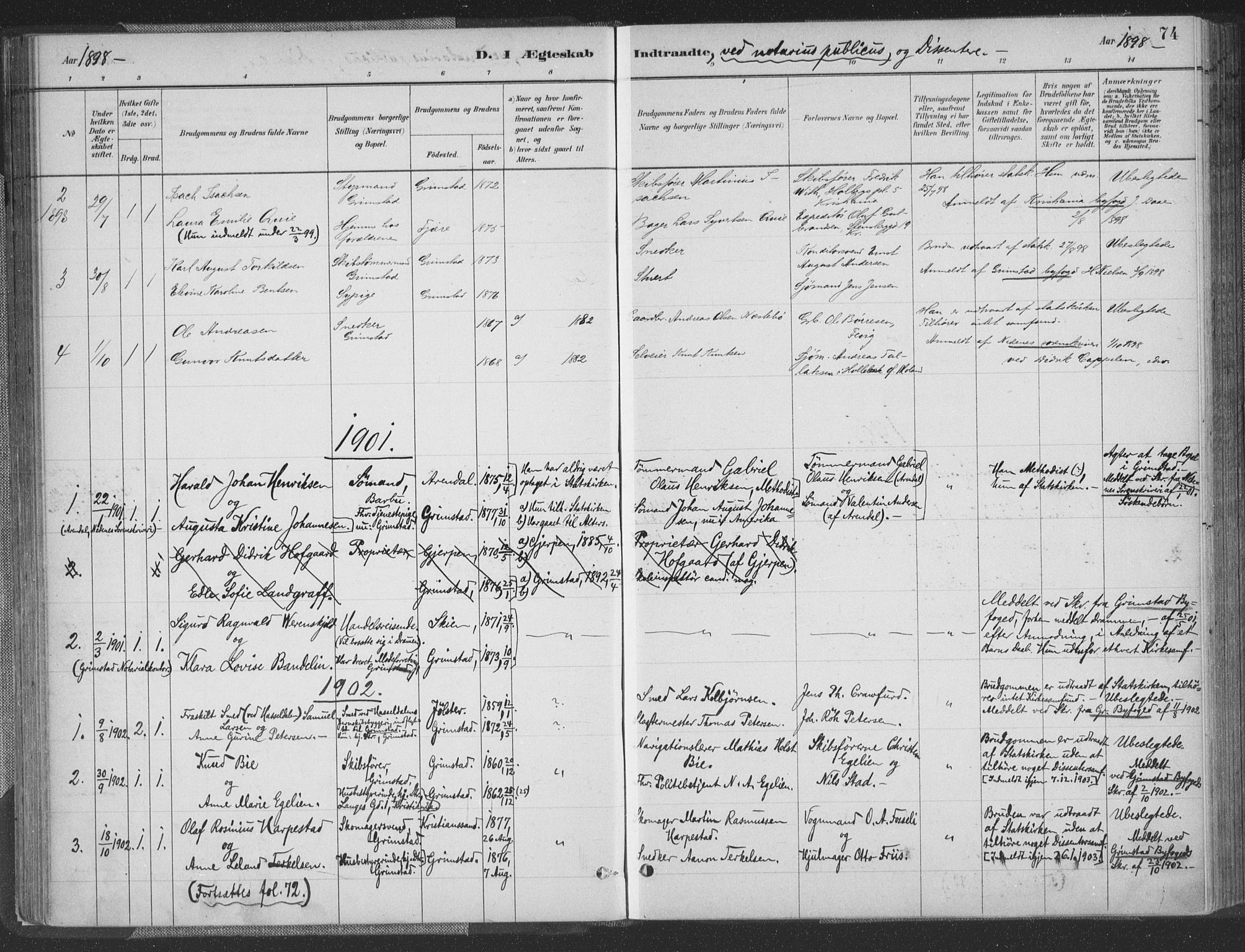 Grimstad sokneprestkontor, SAK/1111-0017/F/Fa/L0004: Parish register (official) no. A 3, 1882-1910, p. 74