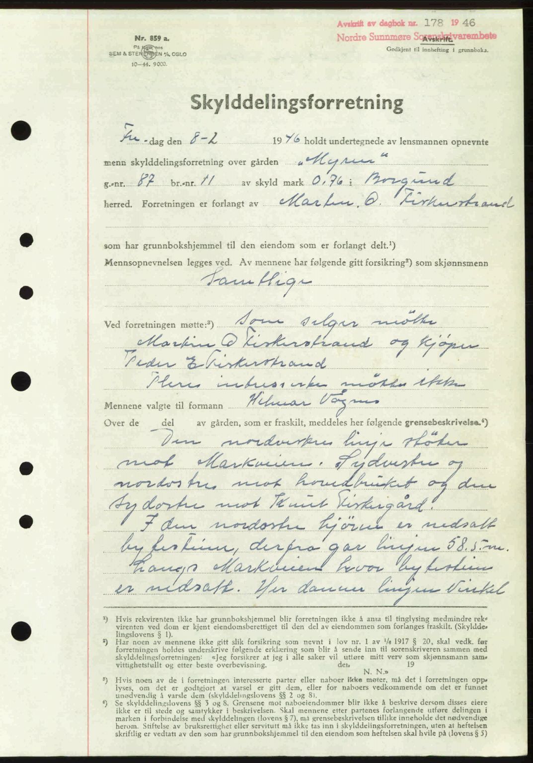 Nordre Sunnmøre sorenskriveri, AV/SAT-A-0006/1/2/2C/2Ca: Mortgage book no. A20b, 1946-1946, Diary no: : 178/1946