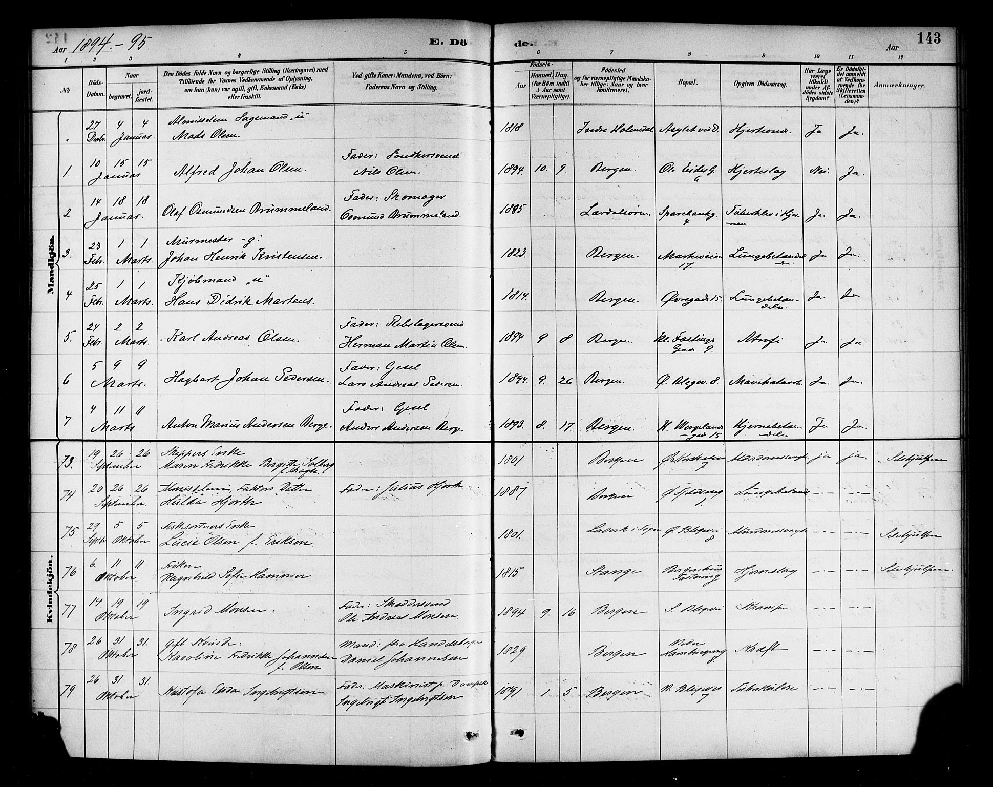 Korskirken sokneprestembete, SAB/A-76101/H/Haa/L0047: Parish register (official) no. E 5, 1884-1910, p. 143