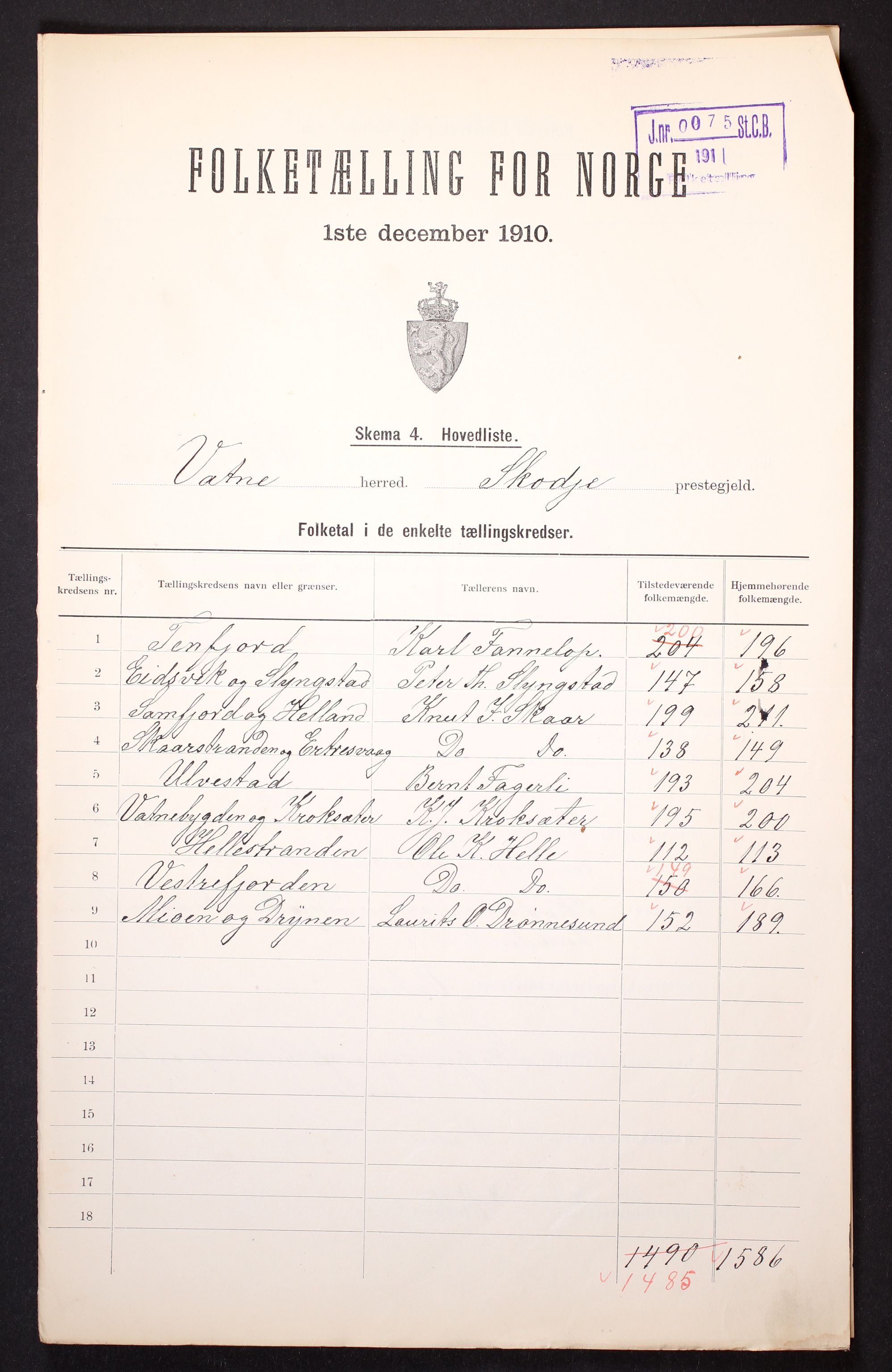 RA, 1910 census for Vatne, 1910, p. 2