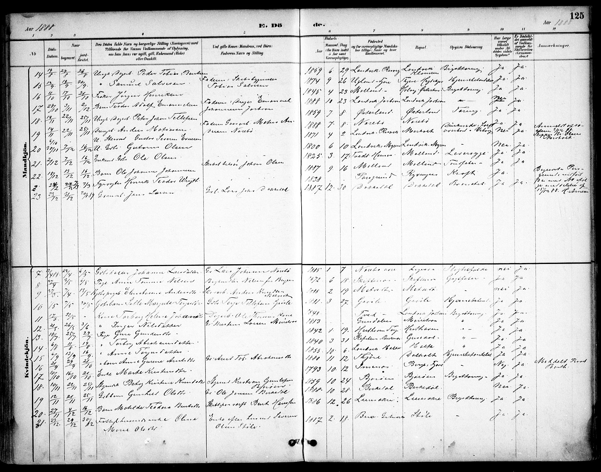 Hommedal sokneprestkontor, AV/SAK-1111-0023/F/Fb/Fbb/L0007: Parish register (copy) no. B 7, 1885-1904, p. 125