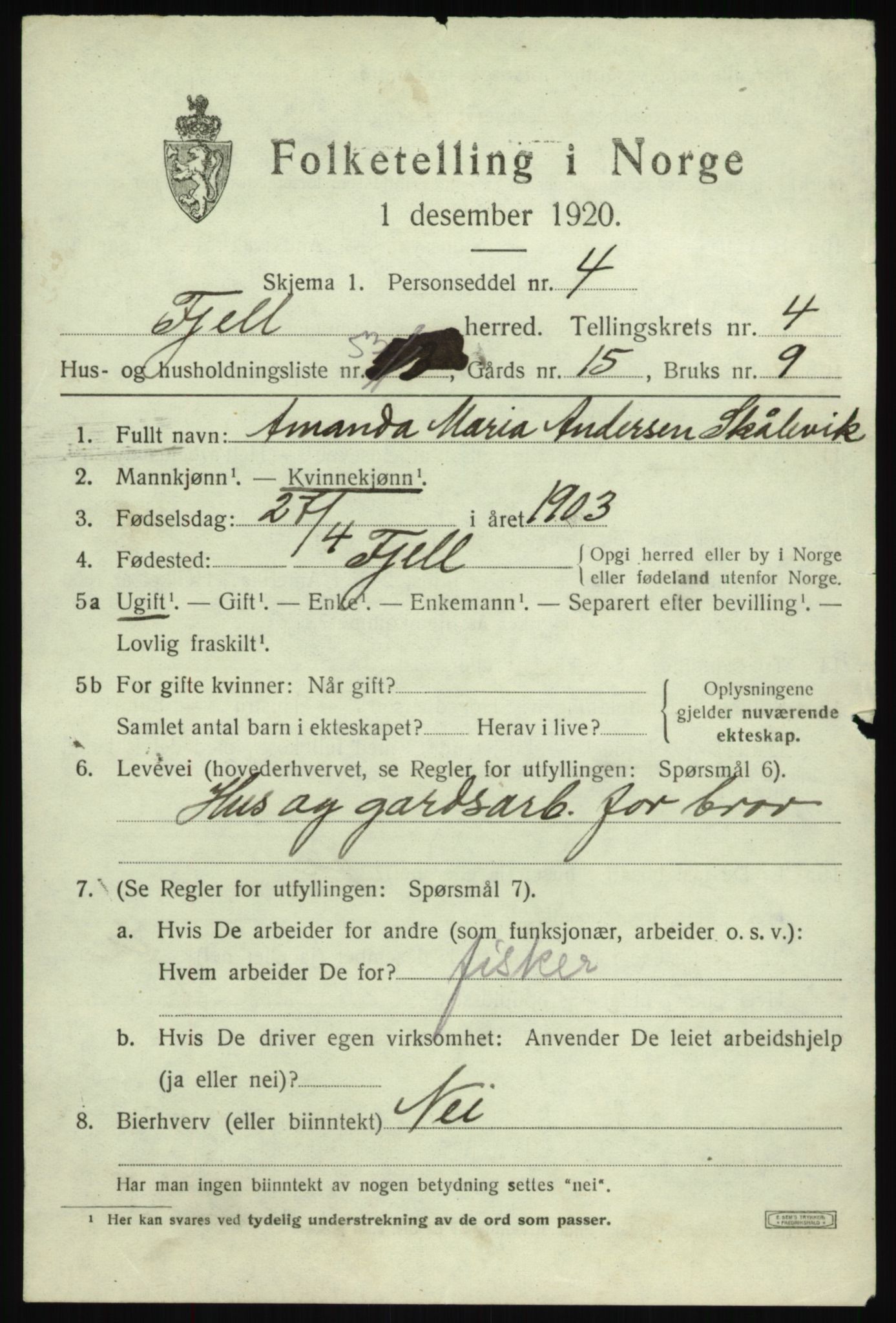 SAB, 1920 census for Fjell, 1920, p. 4440