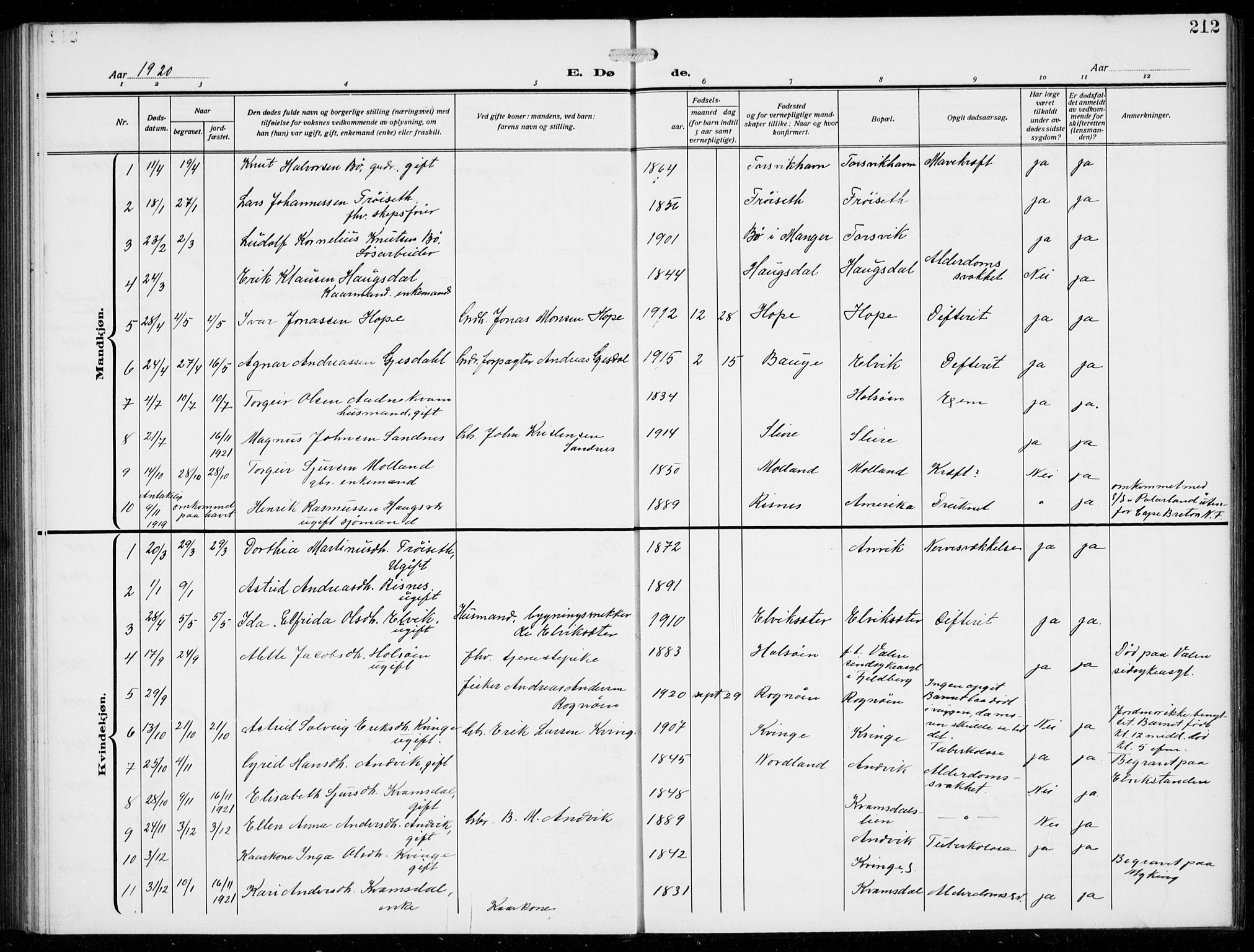 Masfjorden Sokneprestembete, AV/SAB-A-77001: Parish register (copy) no. B  2, 1912-1939, p. 212